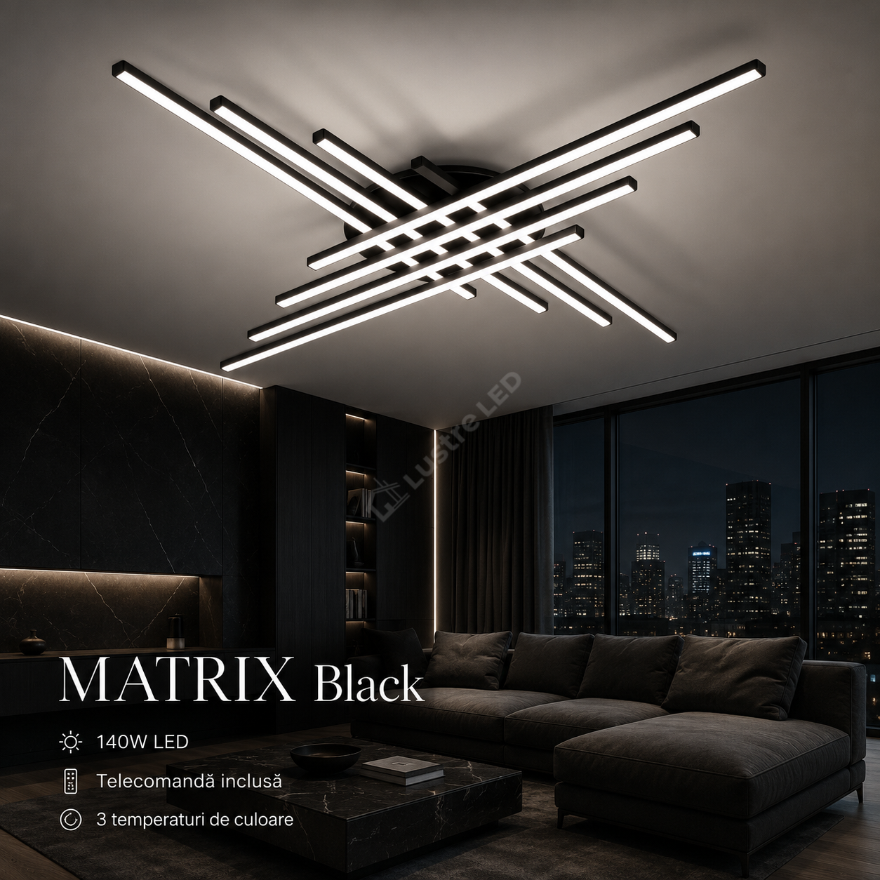 Lustra Aplicata MATRIX Black 90CM Echivalent 700W Telecomanda