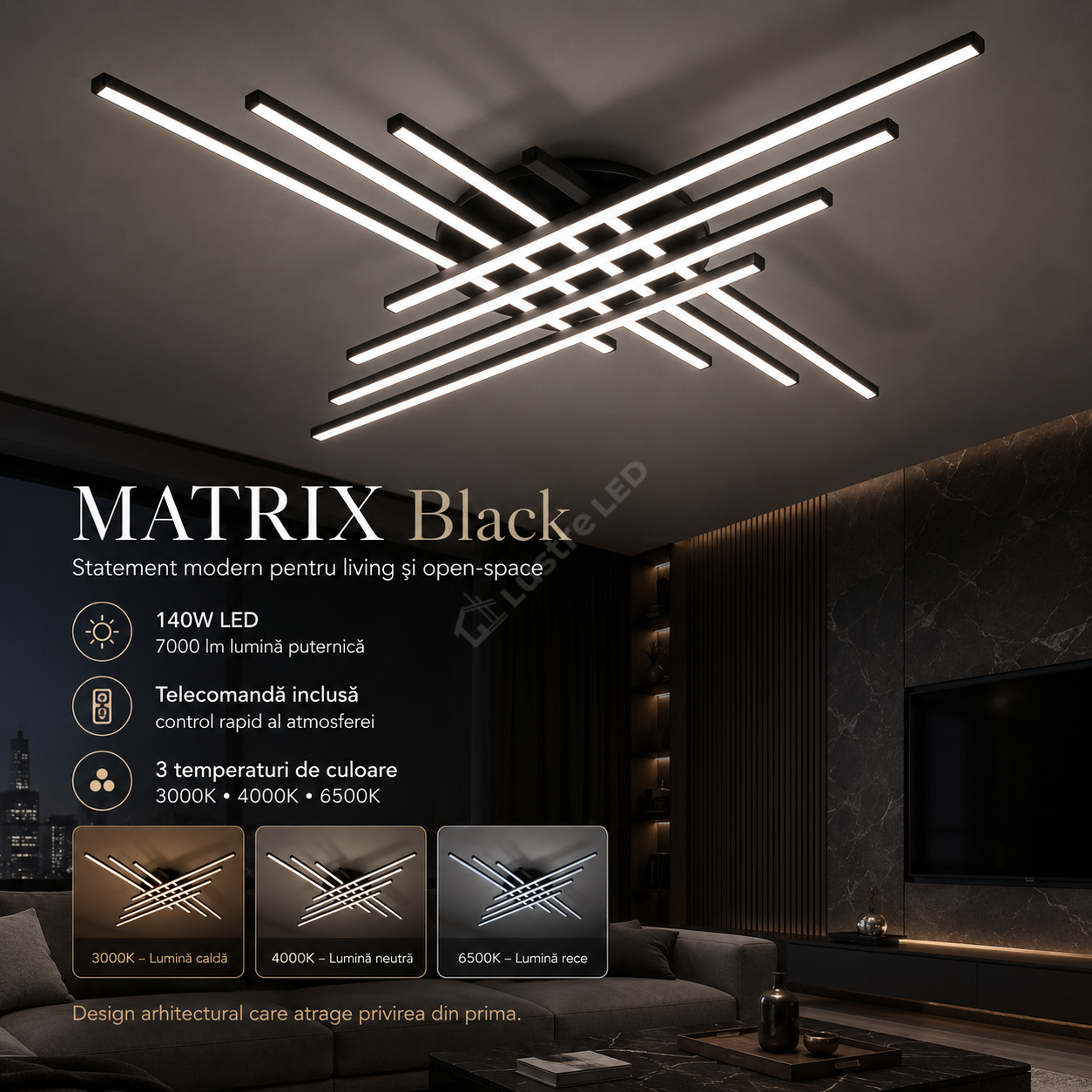 Lustra Aplicata MATRIX Black 90CM Echivalent 700W Telecomanda