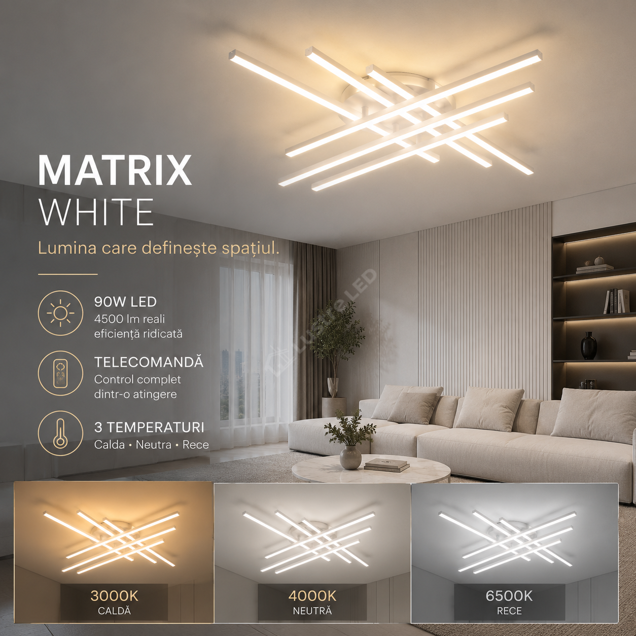 Lustra Aplicata MATRIX White 80CM Echivalent 450W Telecomanda