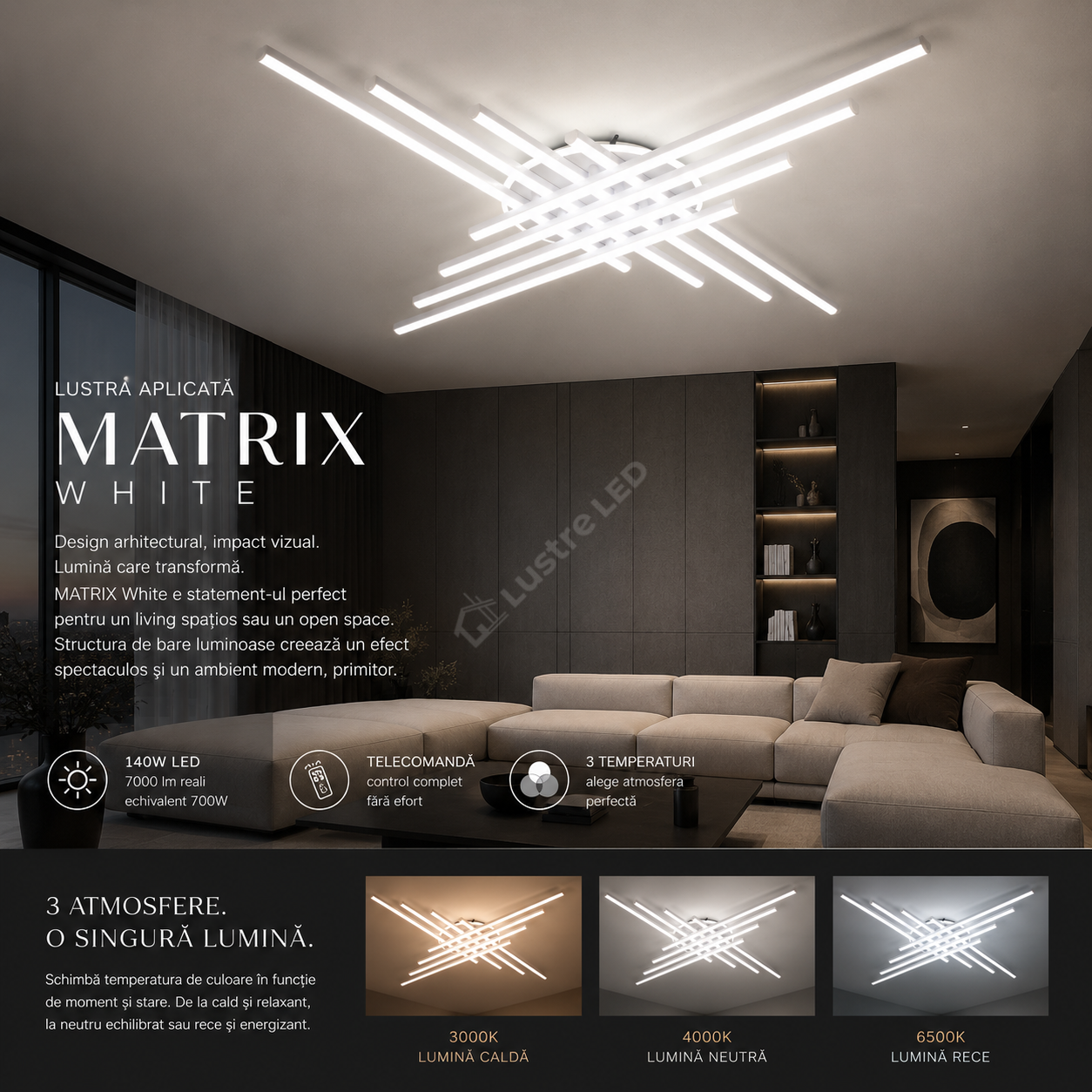 Lustra Aplicata MATRIX White 90CM Echivalent 700W Telecomanda