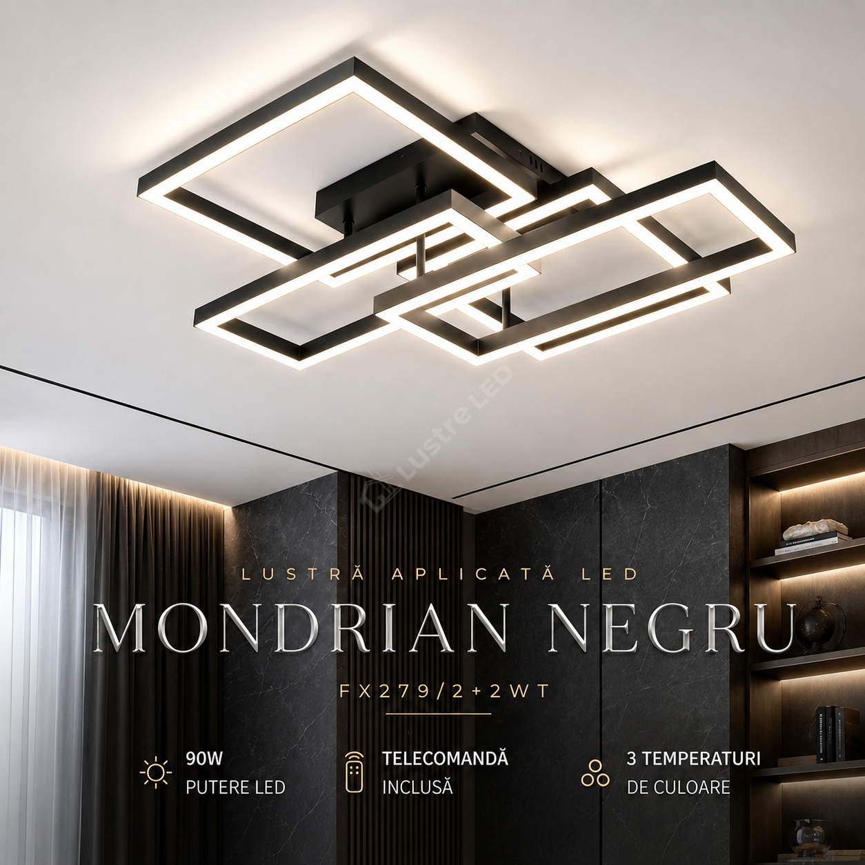 Lustra Aplicata MONDRIAN Black Square 60CM Echivalent 450W Telecomanda