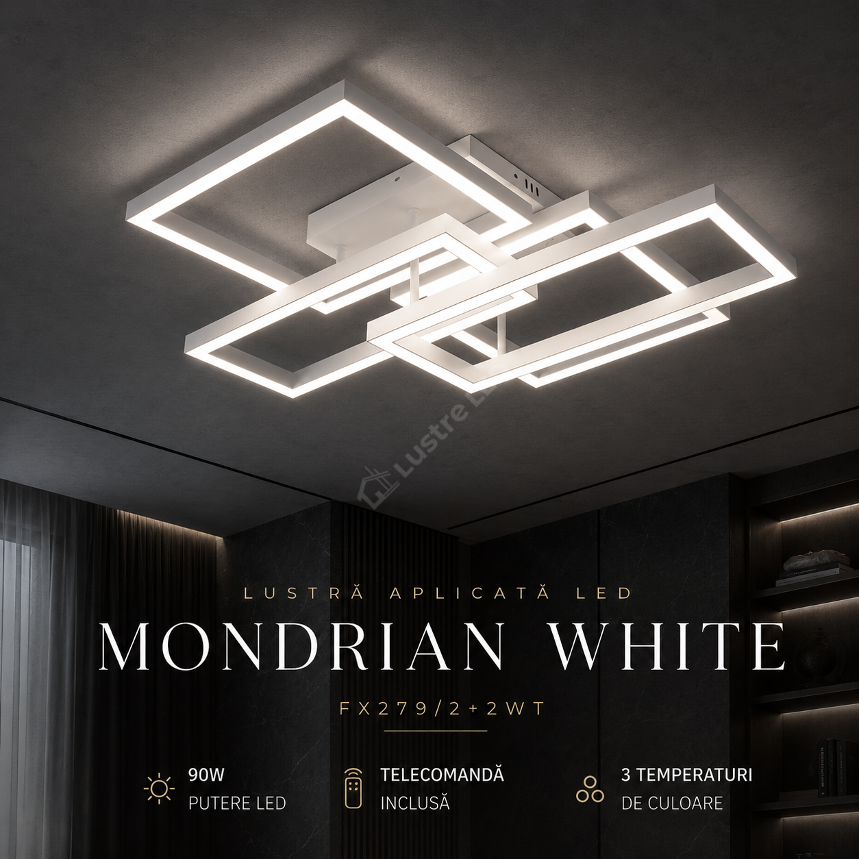 Lustra Aplicata MONDRIAN White Square 60CM Echivalent 450W Telecomanda