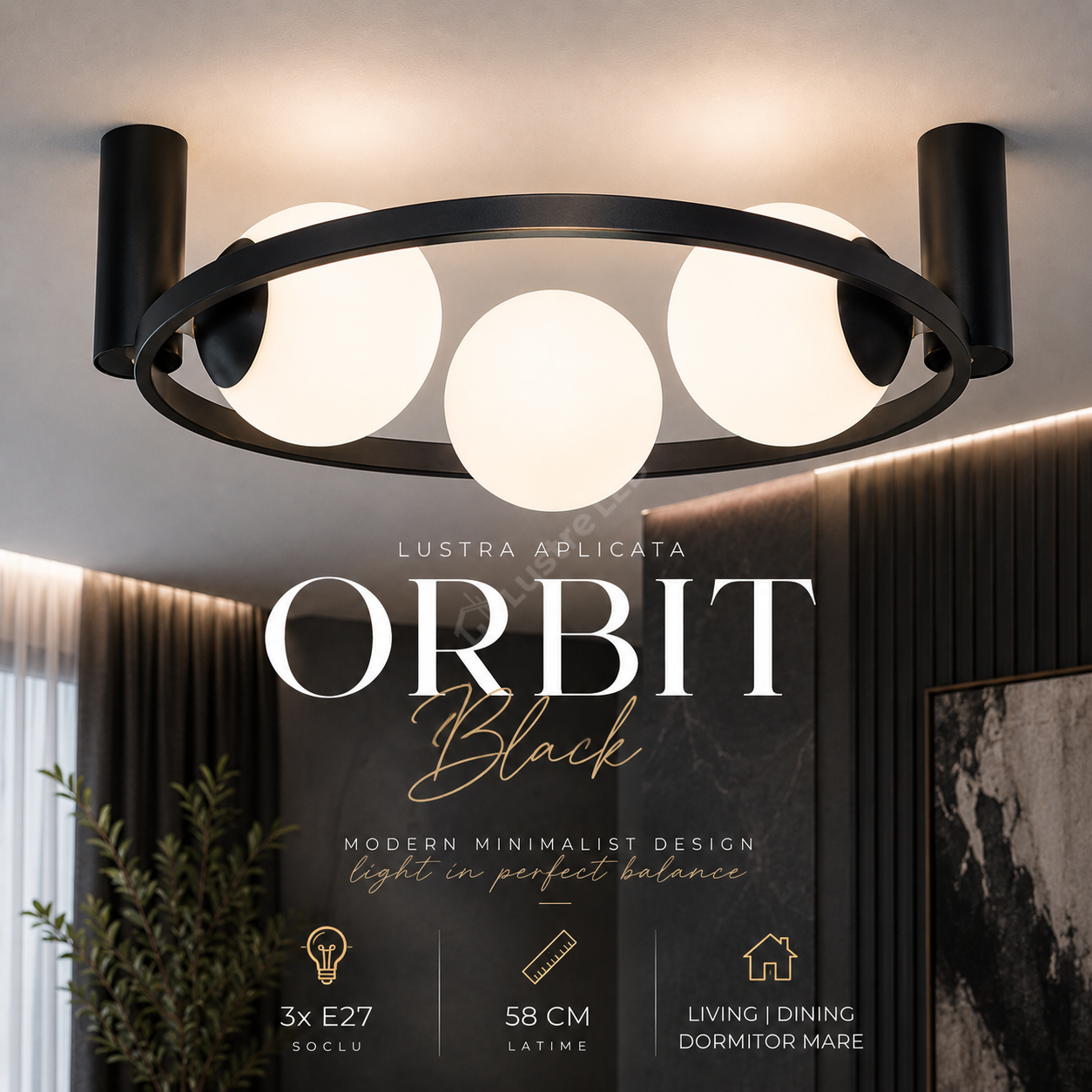 Lustra Aplicata ORBIT Black cu Abajur 3xE27 58CM