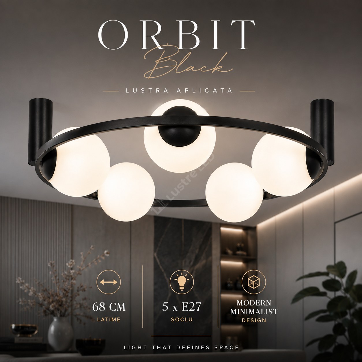 Lustra Aplicata ORBIT Black cu Abajur 5xE27 68CM