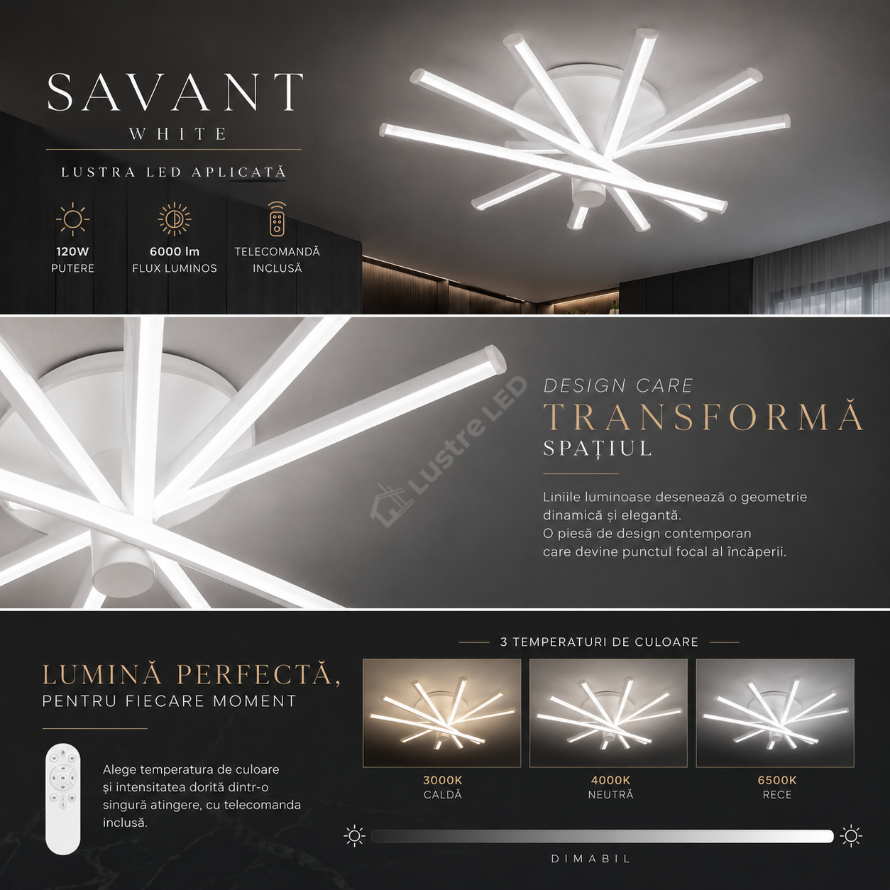 Lustra Aplicata SAVANT WHITE 80CM Echivalent 600W Telecomanda