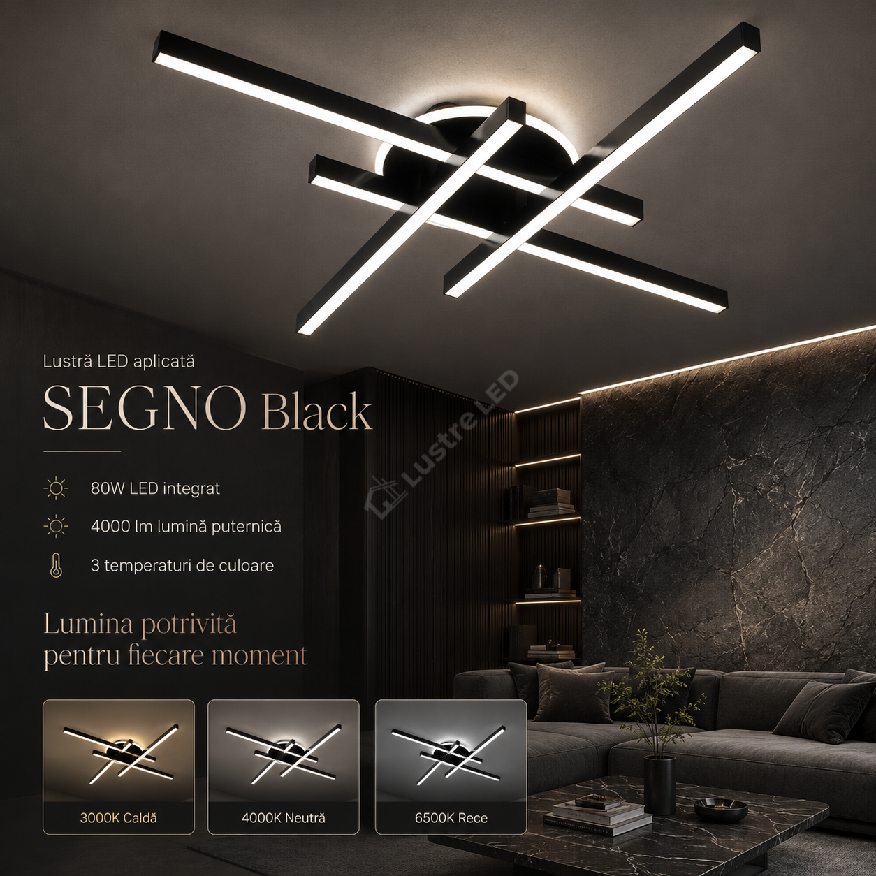 Lustra Aplicata SEGNO Black 4 Bare 60CM Echivalent 400W Telecomanda