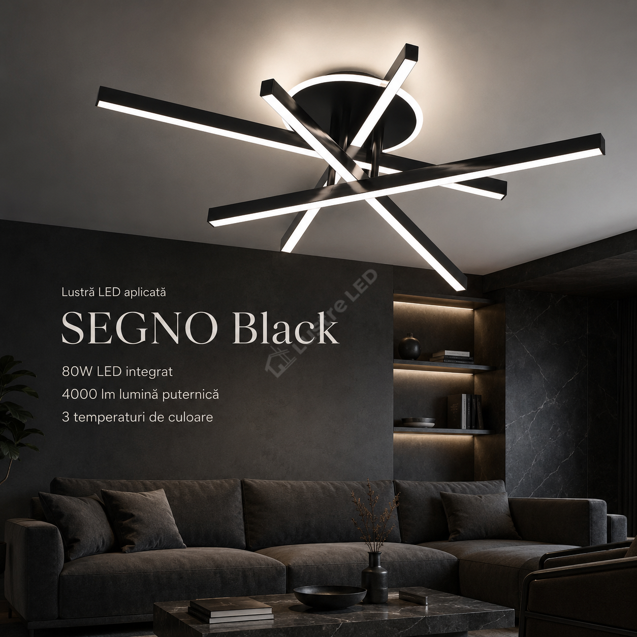 Lustra Aplicata SEGNO Black 4 Bare Liniare 60CM Echivalent 400W Telecomanda