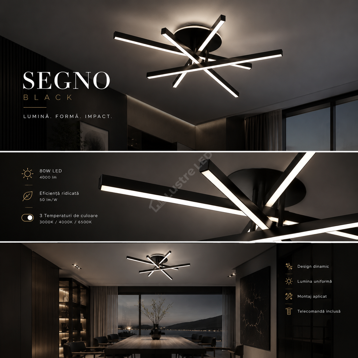 Lustra Aplicata SEGNO Black 4 Bare Liniare 60CM Echivalent 400W Telecomanda