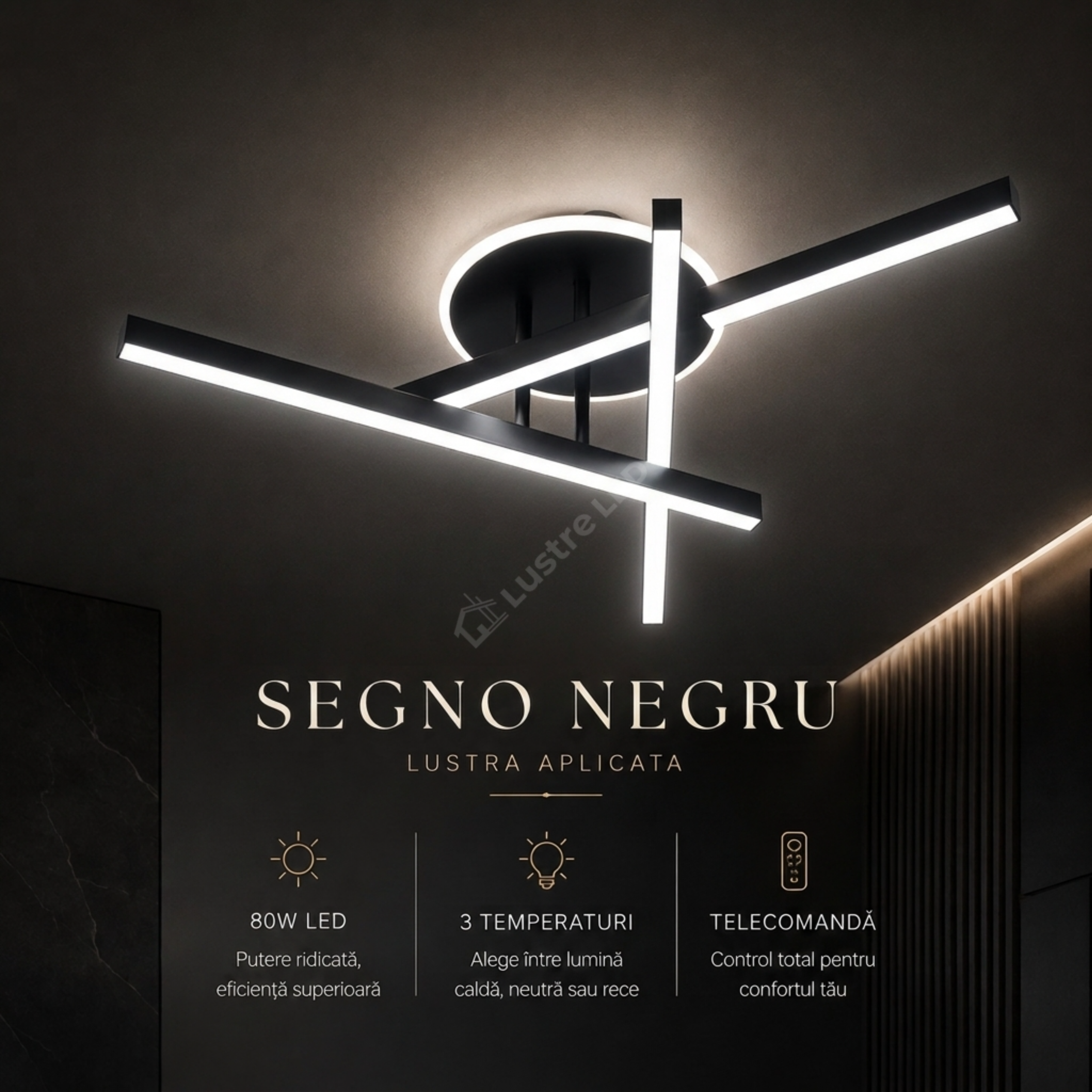 Lustra Aplicata SEGNO Black 60CM Echivalent 400W Telecomanda