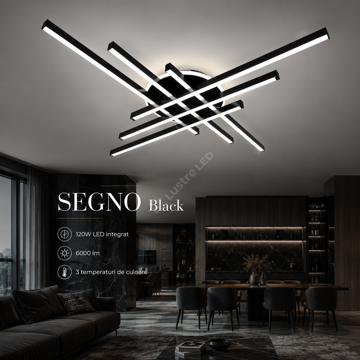 Lustra Aplicata SEGNO Black 80CM Echivalent 600W Telecomanda