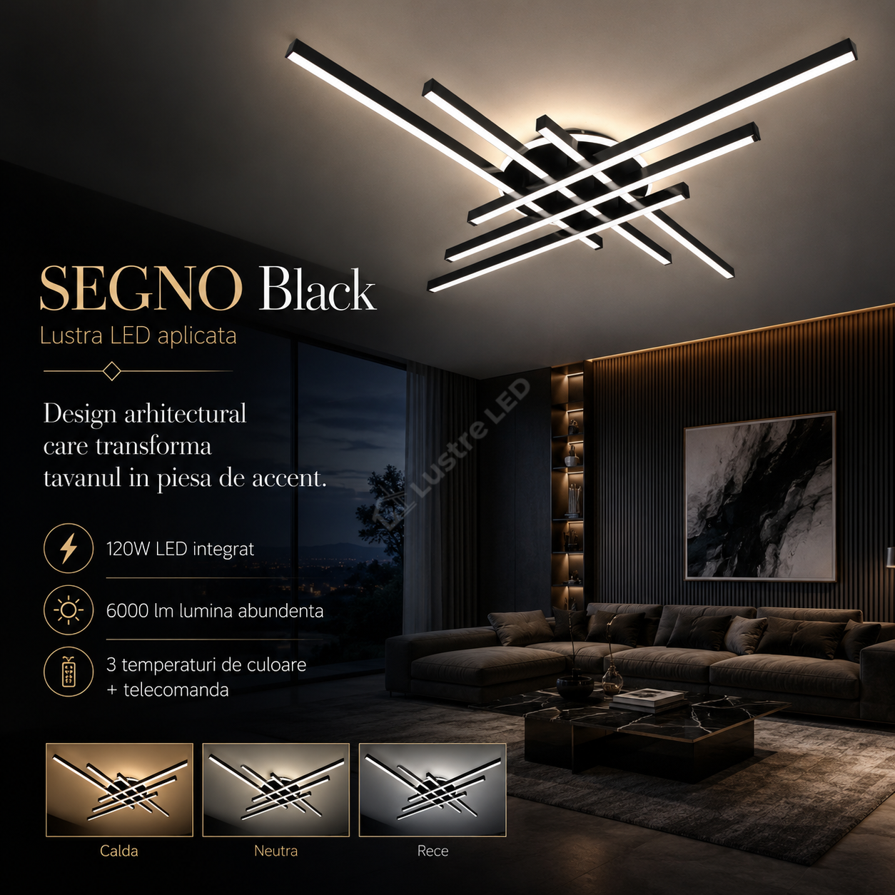 Lustra Aplicata SEGNO Black 80CM Echivalent 600W Telecomanda