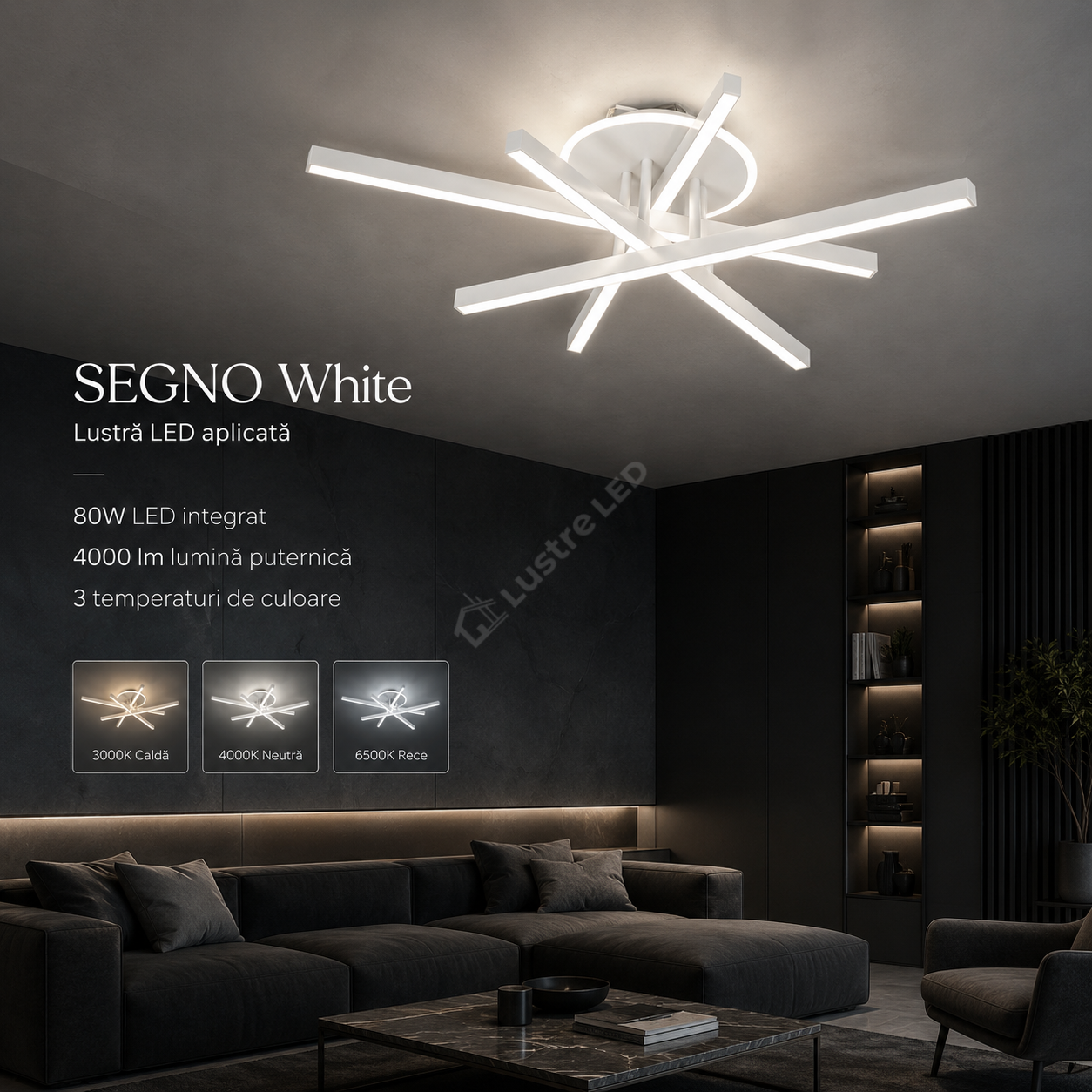 Lustra Aplicata SEGNO White 4 Bare Liniare 60CM Echivalent 400W Telecomanda