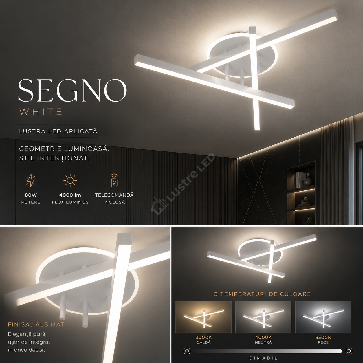 Lustra Aplicata SEGNO White 60CM Echivalent 400W Telecomanda