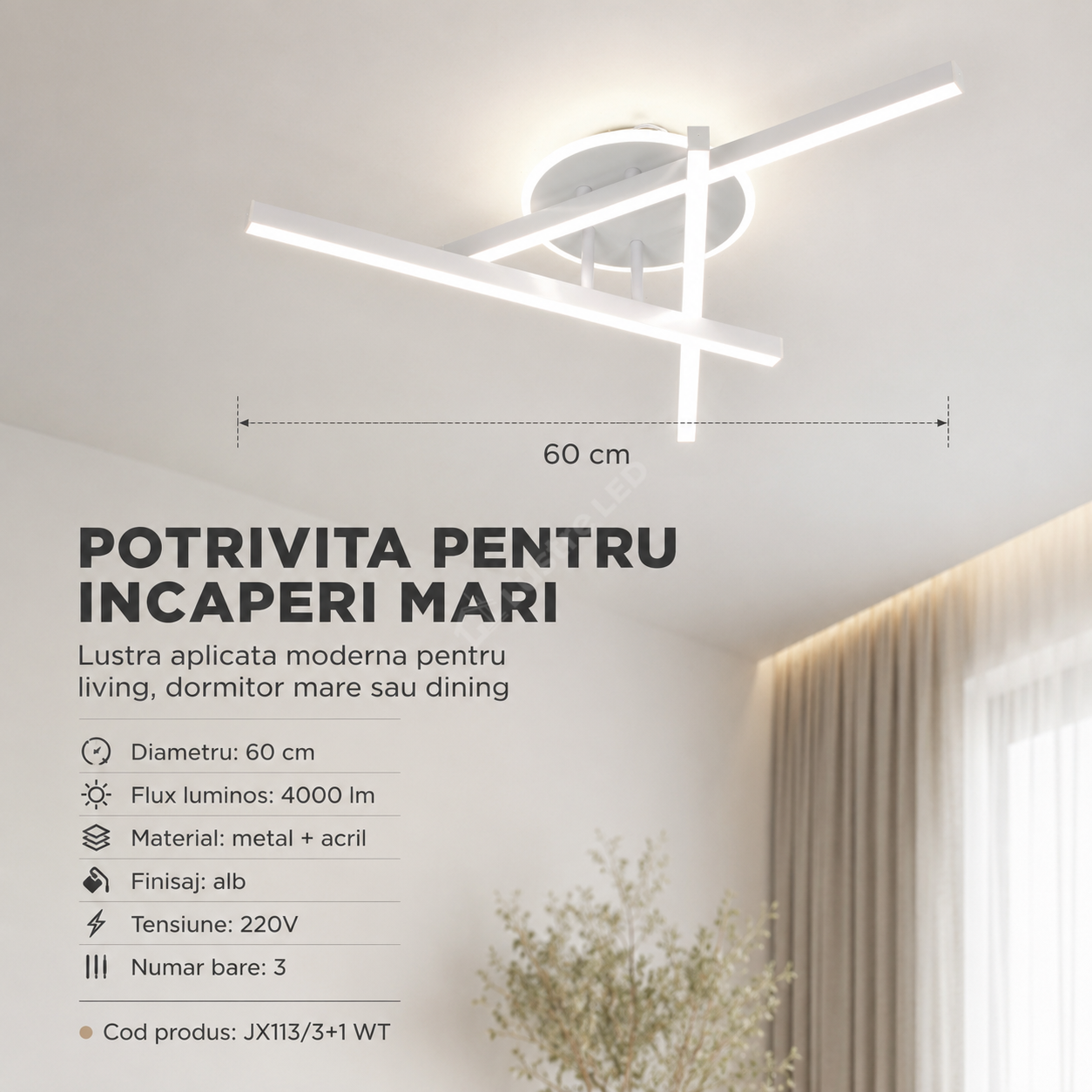 Lustra Aplicata SEGNO White 60CM Echivalent 400W Telecomanda