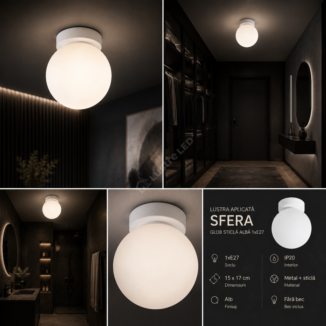 Lustra Aplicata SFERA Glob Sticla Alba 1xE27 15CM