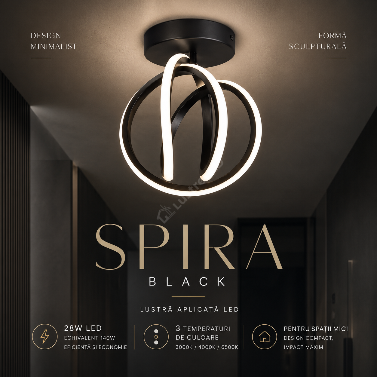 Lustra Aplicata SPIRA Black 25CM 3 Functii 28W Echivalent 140W