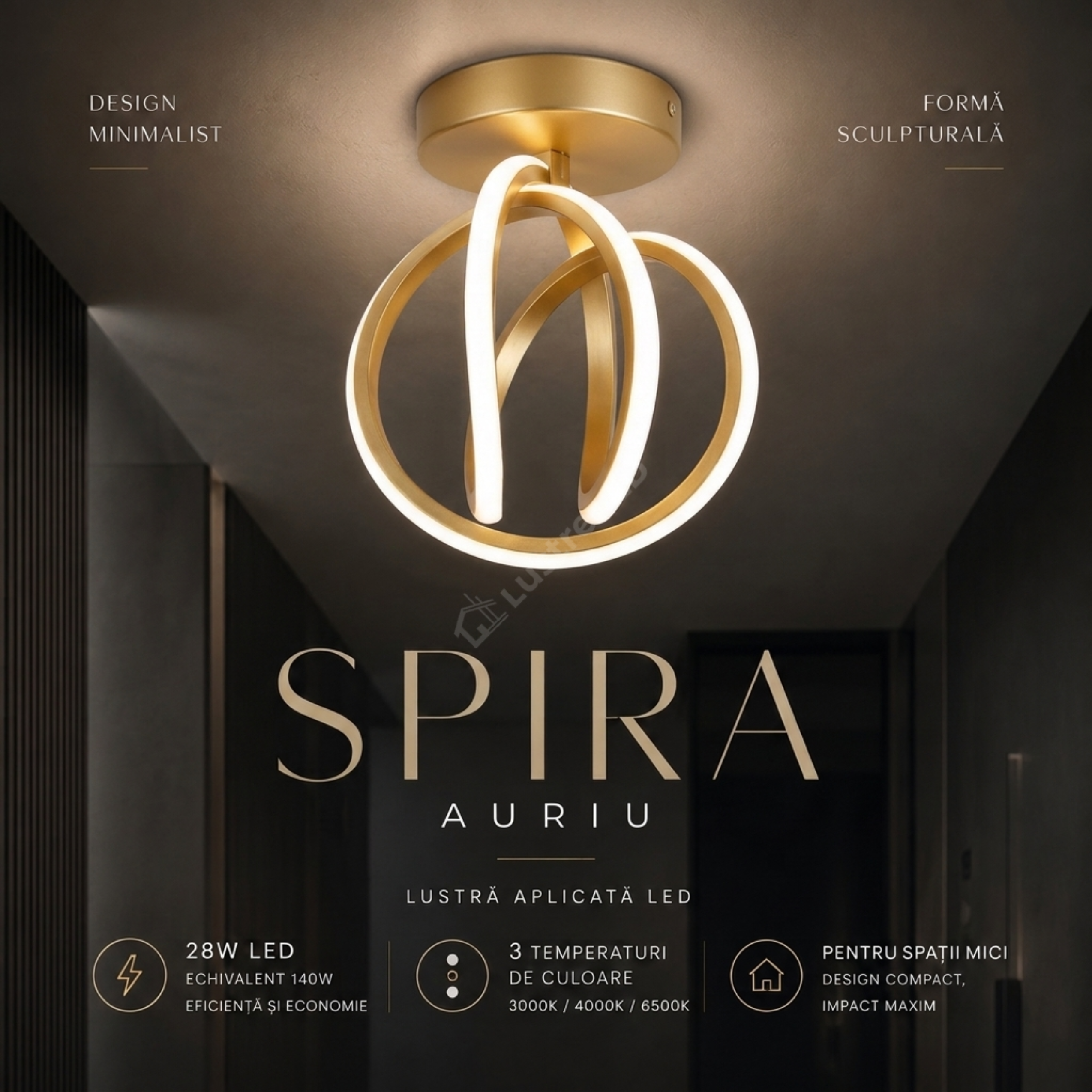 Lustra Aplicata SPIRA Gold 25CM 3 Functii 28W Echivalent 140W