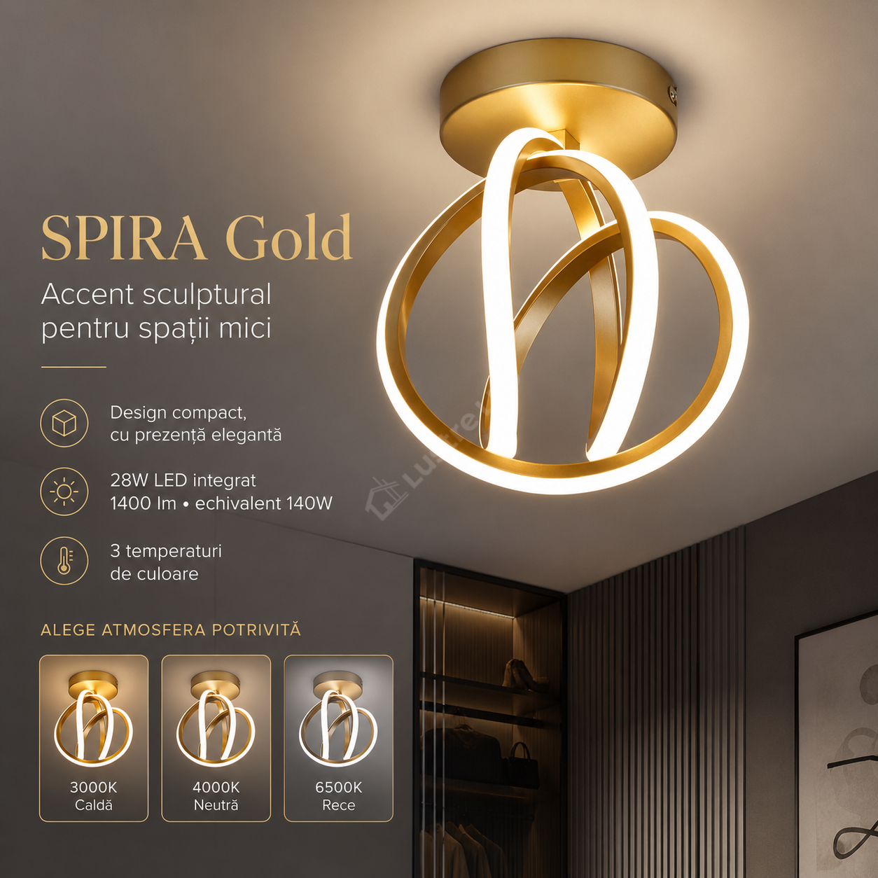 Lustra Aplicata SPIRA Gold 25CM 3 Functii 28W Echivalent 140W