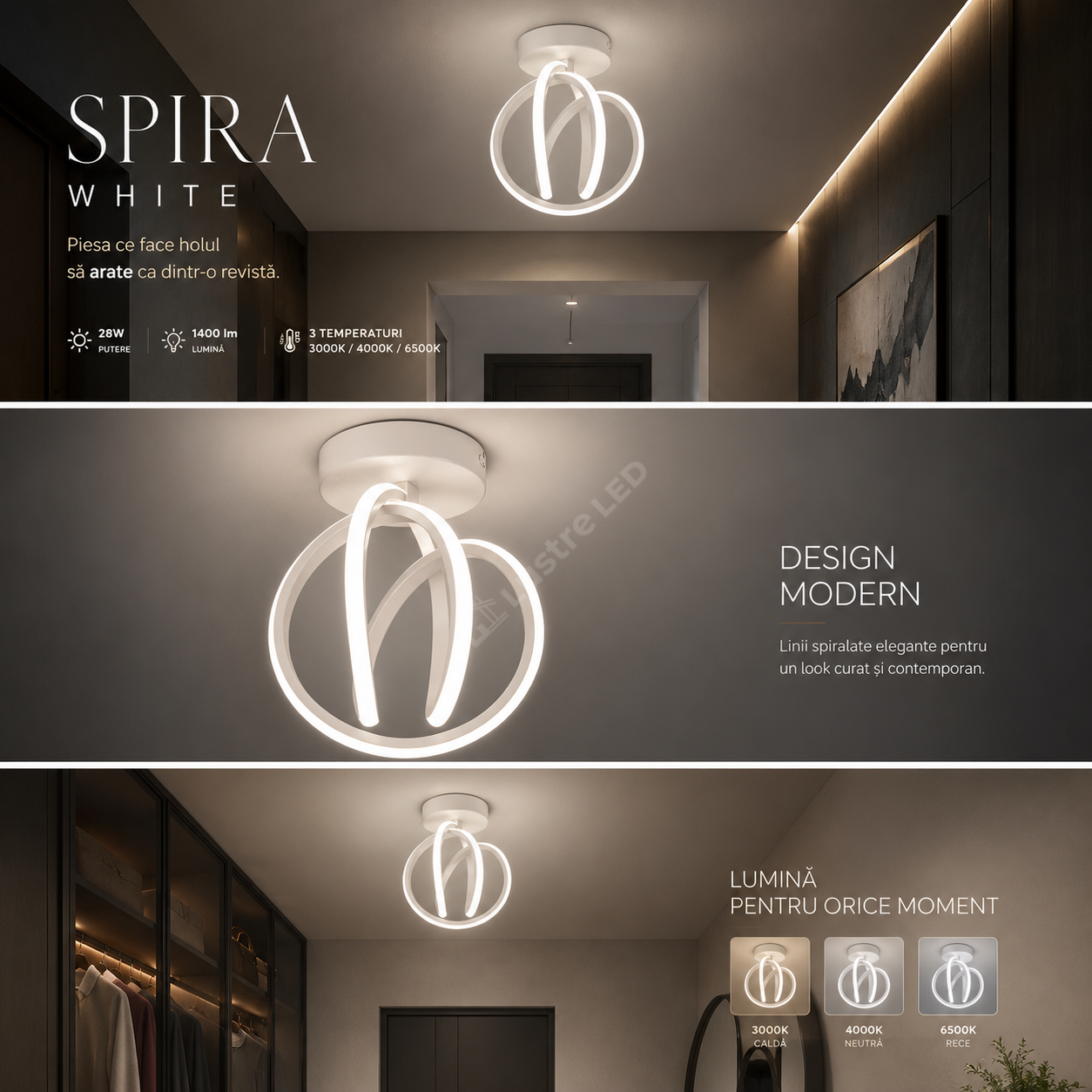 Lustra Aplicata SPIRA White 25CM 3 Functii 28W Echivalent 140W