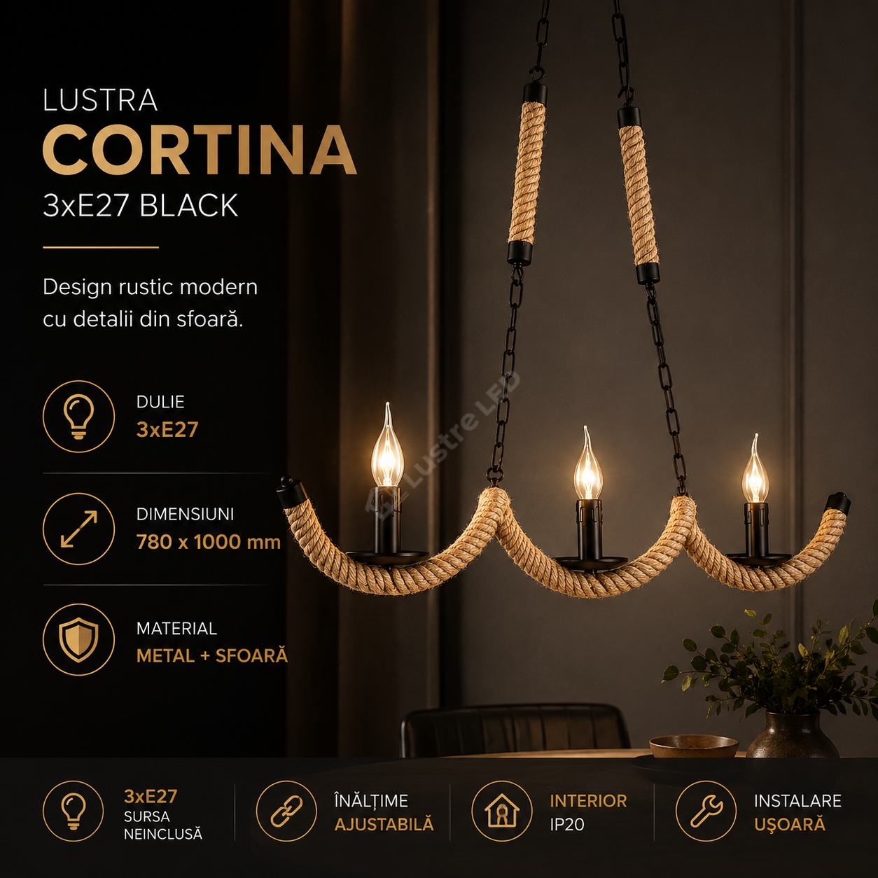 Lustra CORTINA 3xE27 Black