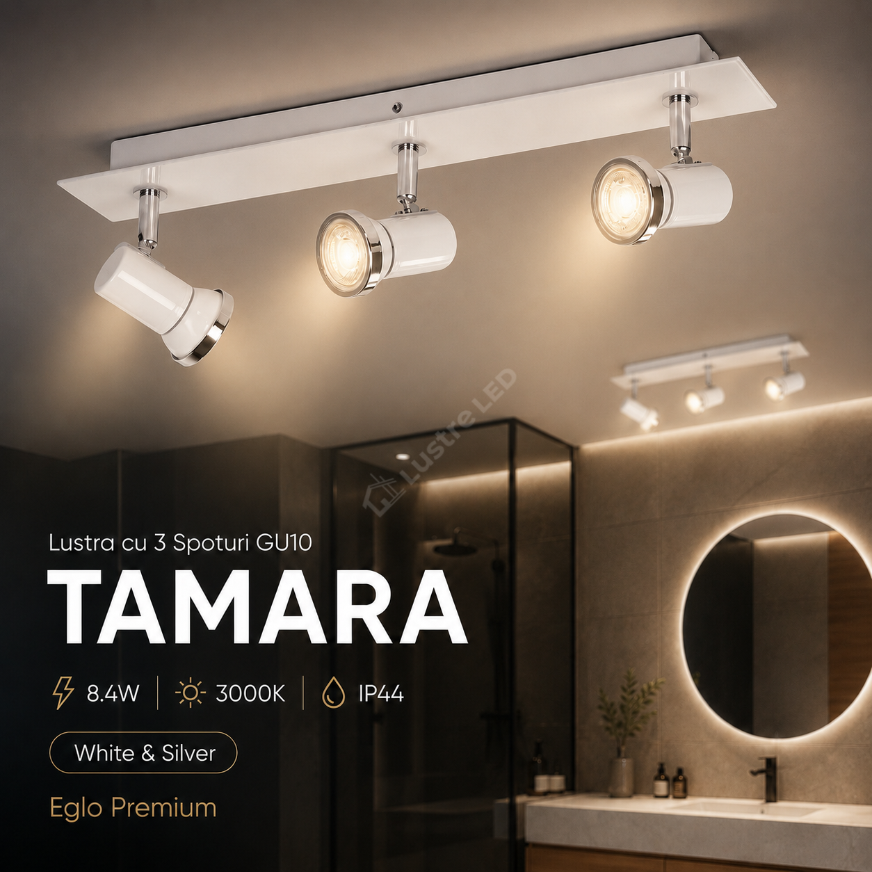 Lustra cu 3 Spoturi GU10 TAMARA 8.4W 3000K IP44 White & Silver Eglo