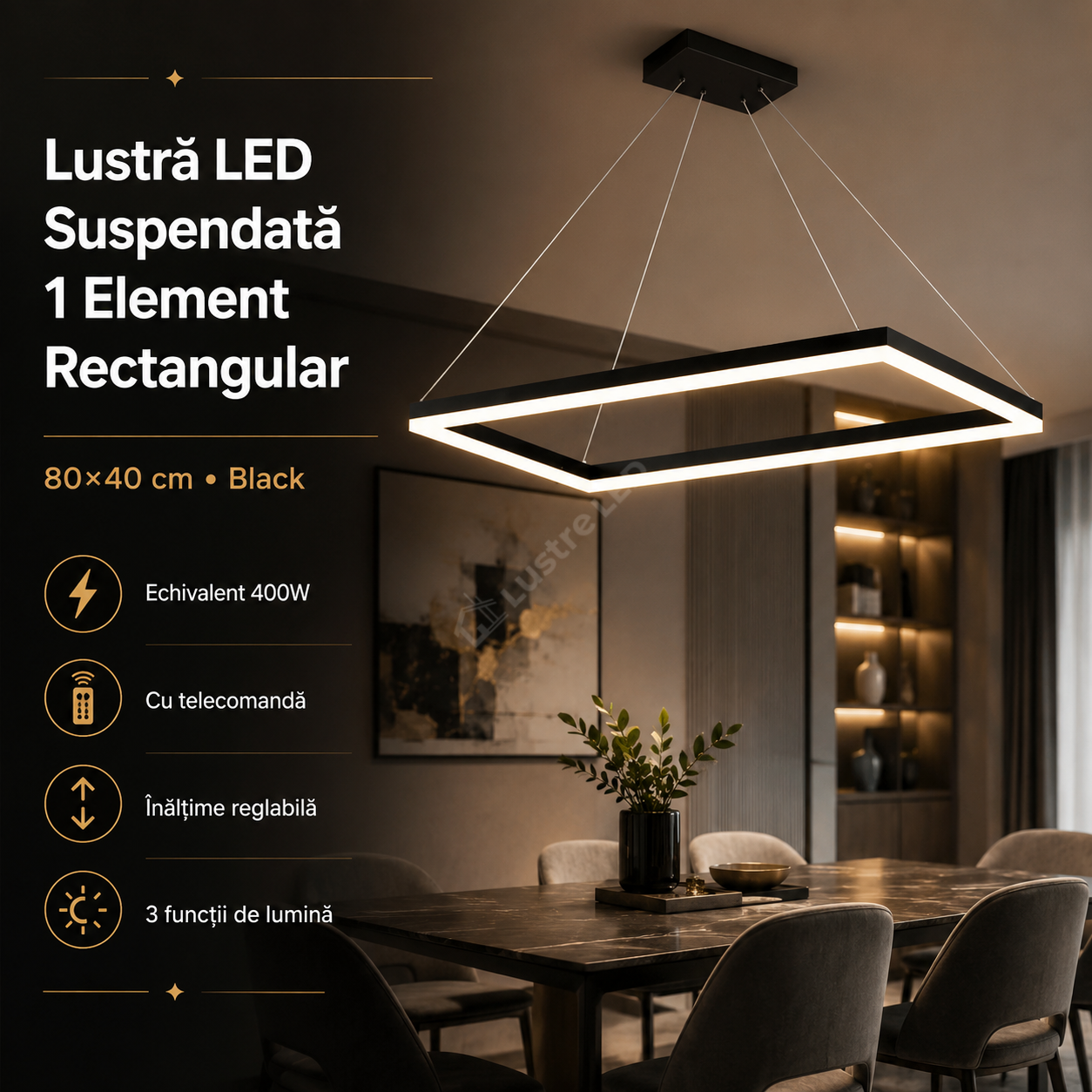 Lustra LED 1 Element Rectangular 80X40cm Neagra Echivalent 400W