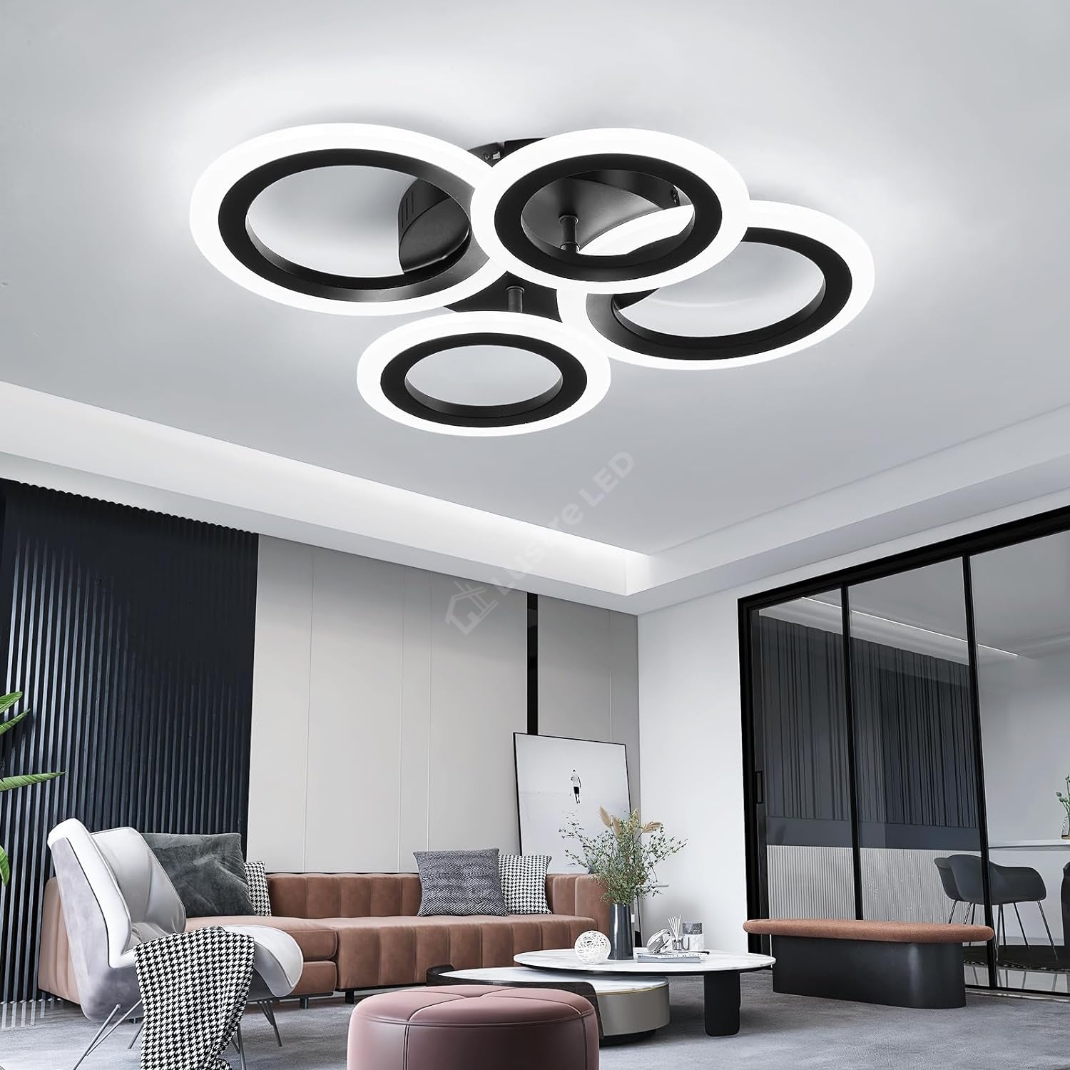 Lustra Led 2 + 2 Circle Black Echivalent 400W Telecomanda Lighting Fixtures