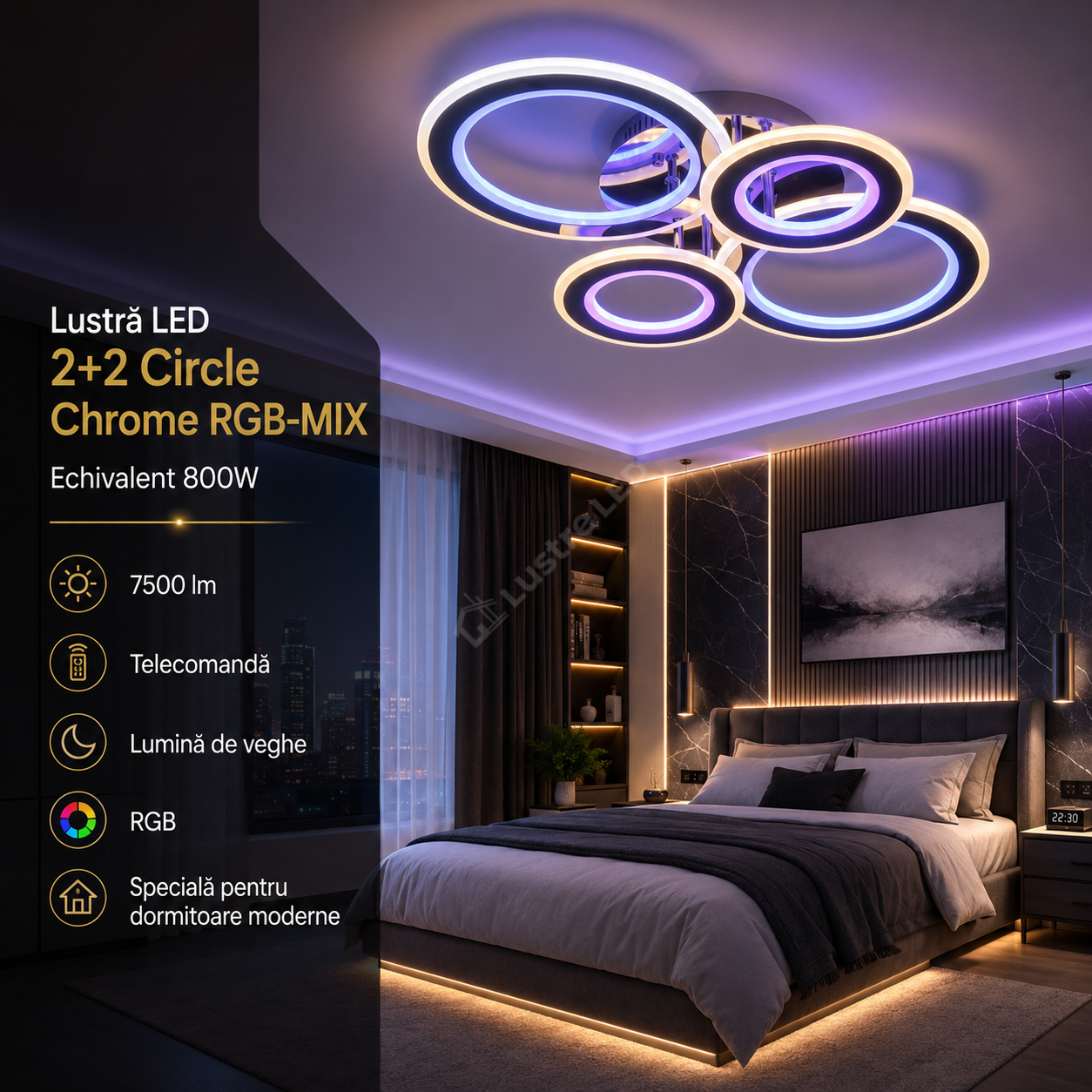 Lustra LED 2+2 Circle Chrome RGB-MIX Echivalent 800W Telecomanda