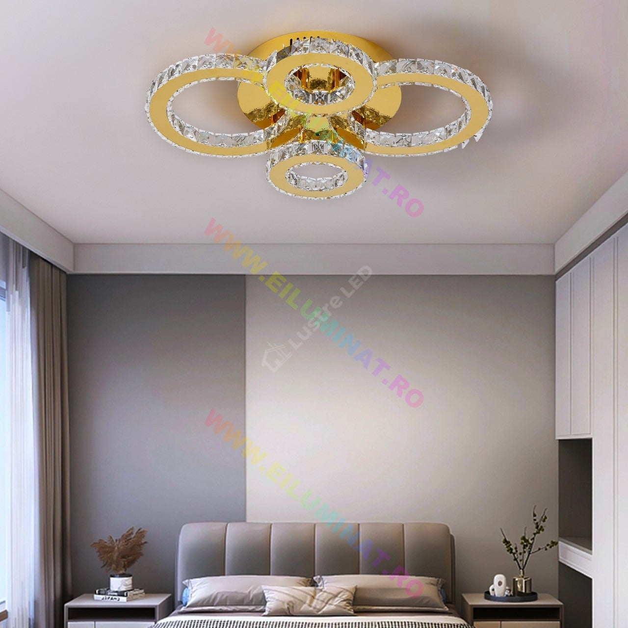Lustra Led 2 + 2 Circle Gold Cristal Telecomanda Echivalent 400W Chandeliers Crystal