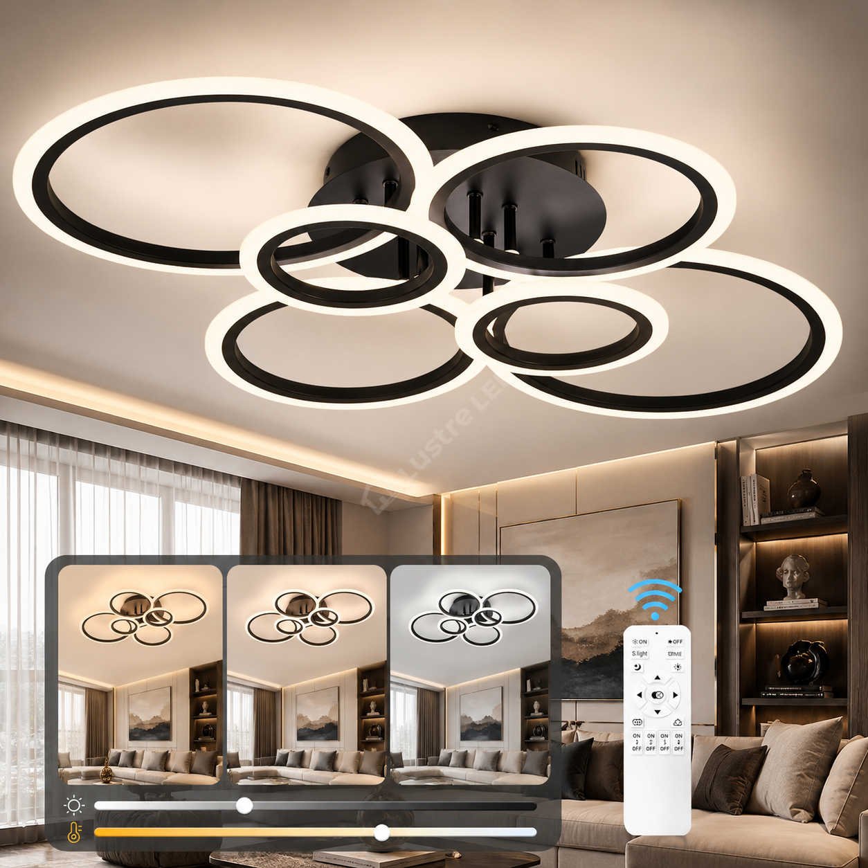 Lustra LED 4+2 Circle MAXI Black Echivalent 600W Telecomanda
