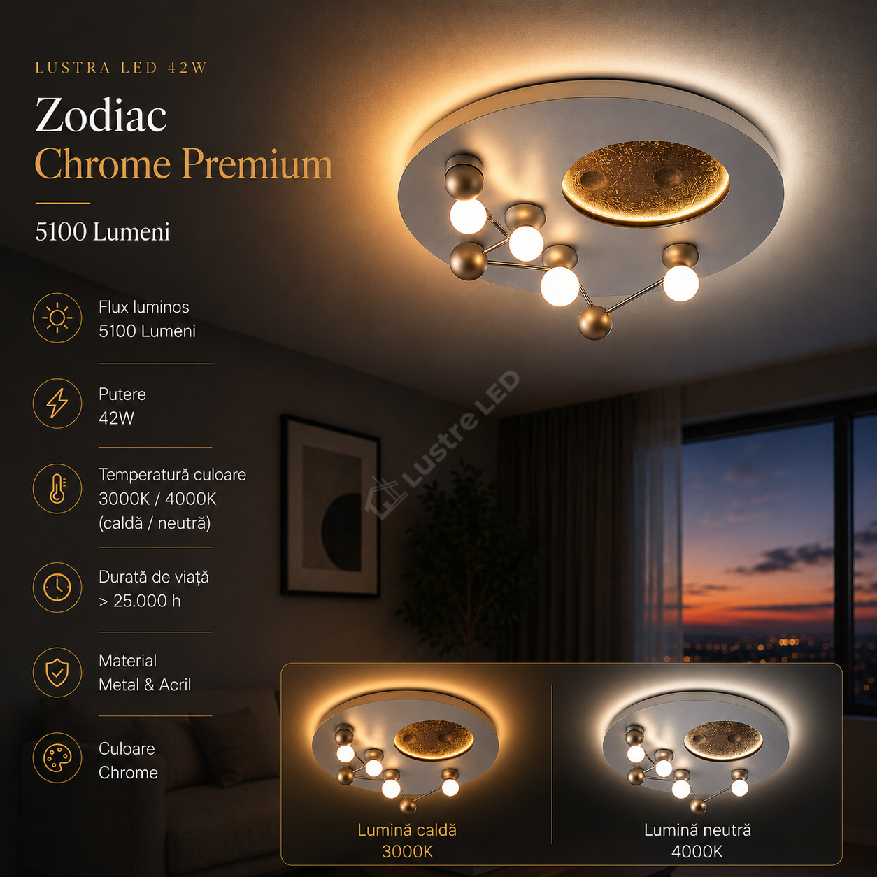 Lustra LED 42W Zodiac Chrome Dimabila Premium Echivalent 500W