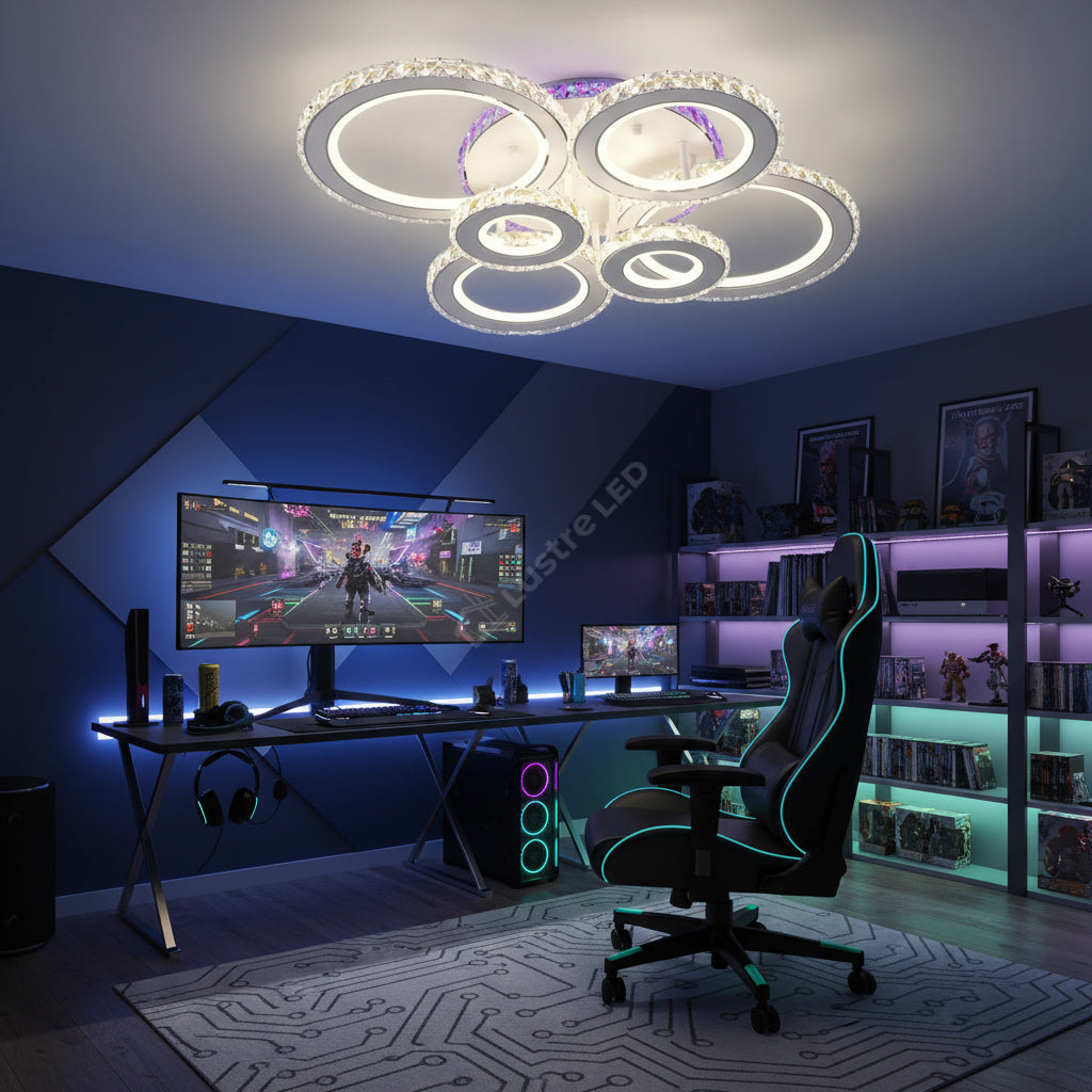 Lustra LED 6 CIRCLE Cristal Alba RGB Echivalent 800W Telecomanda