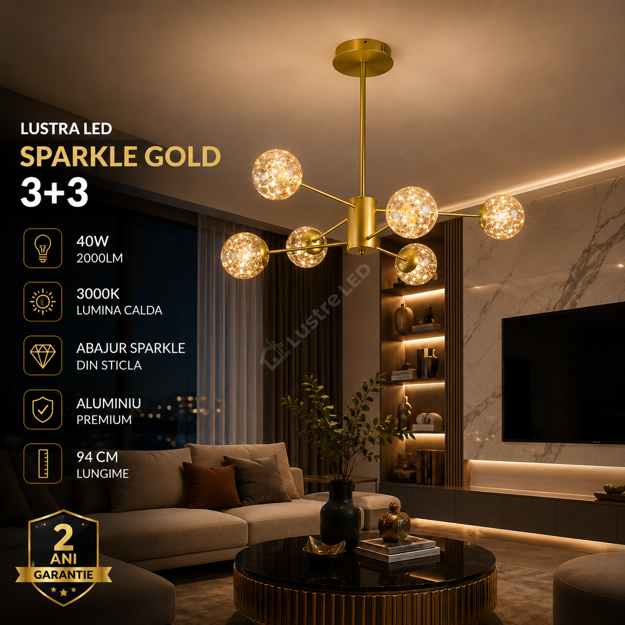 Lustra LED Abajur 3+3 Sparkle Gold 94cm 3000K 2000lm