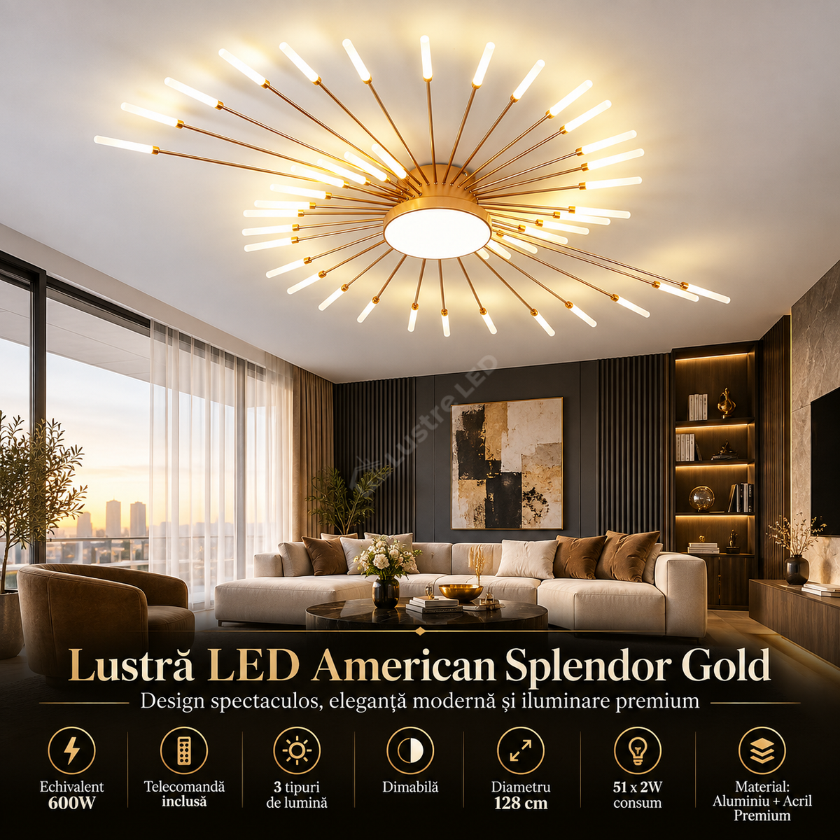 Lustra LED American Splendor Gold Echivalent 600W Telecomanda