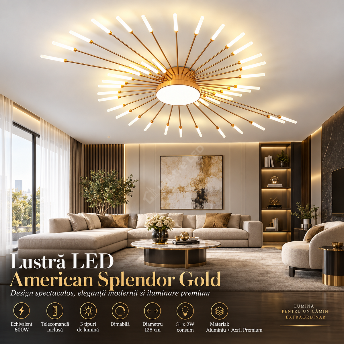 Lustra LED American Splendor Gold Echivalent 600W Telecomanda
