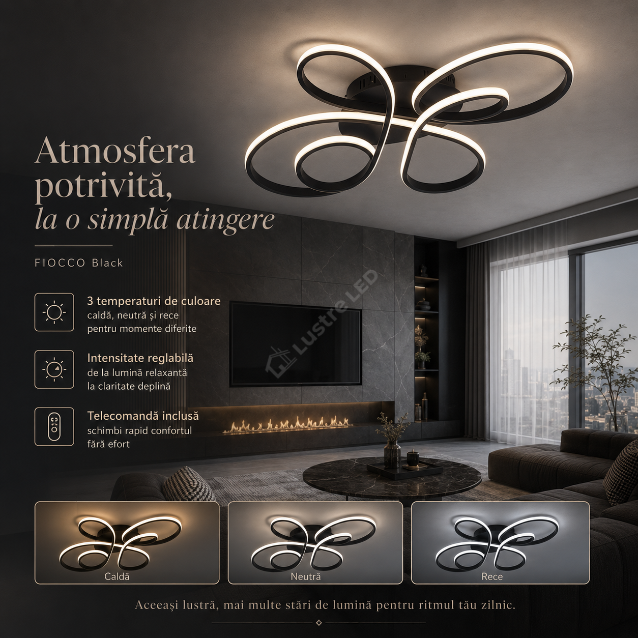 Lustra LED Aplicata FIOCCO Black 3CCT Telecomanda 66CM Echivalent 380W