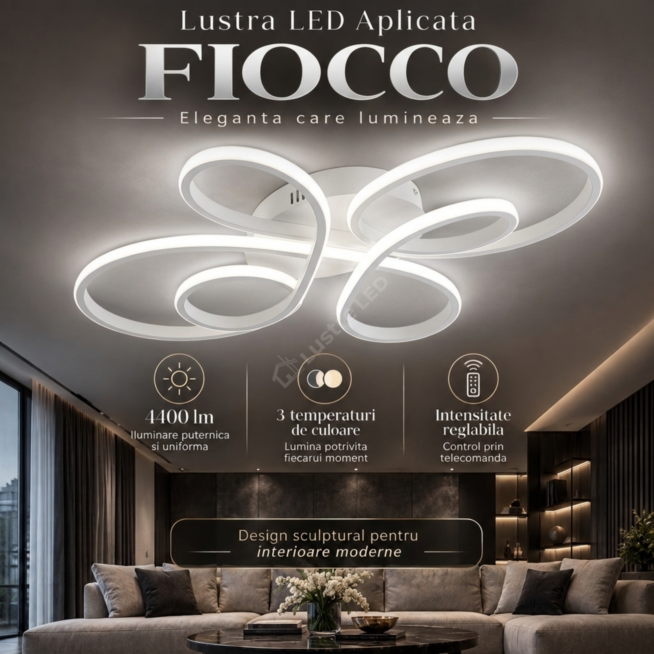 Lustra LED Aplicata FIOCCO White 3CCT Telecomanda 66CM Echivalent 380W