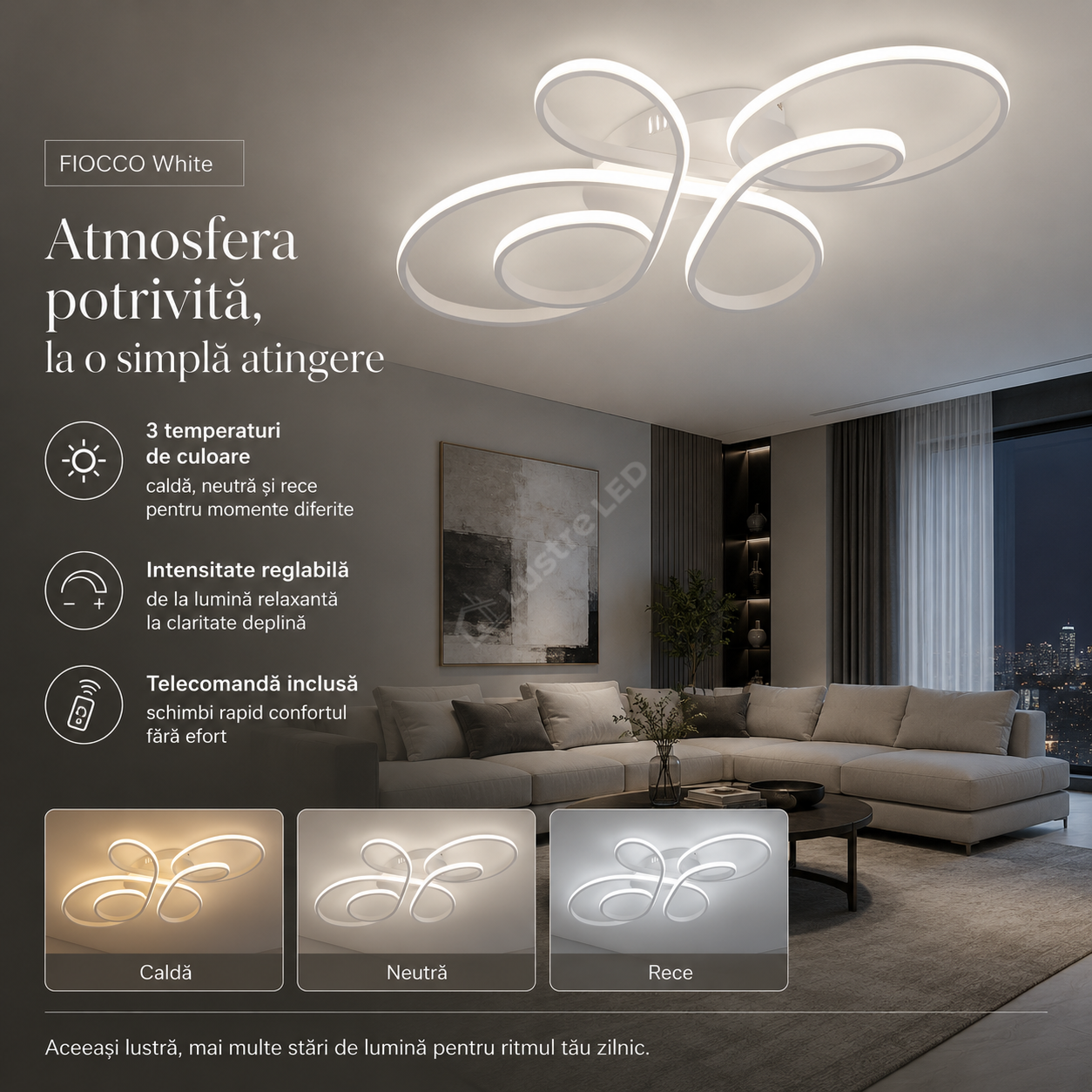 Lustra LED Aplicata FIOCCO White 3CCT Telecomanda 66CM Echivalent 380W