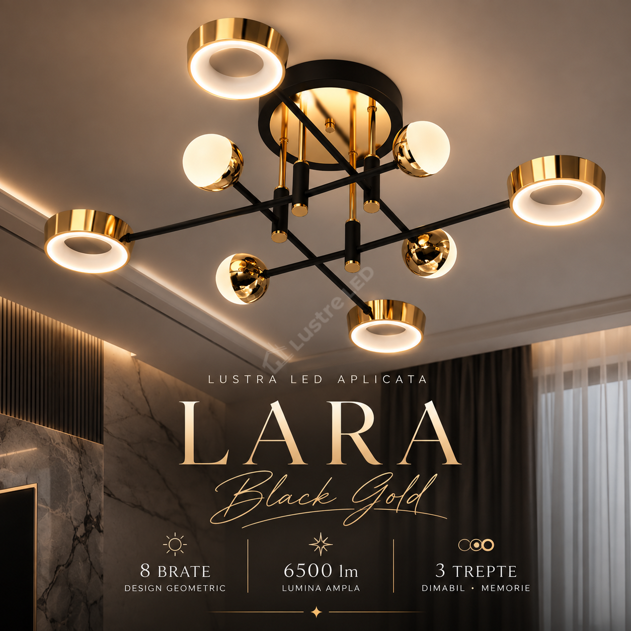 Lustra LED Aplicata LARA Black Gold 90CM 3 Functii Echivalent 400W