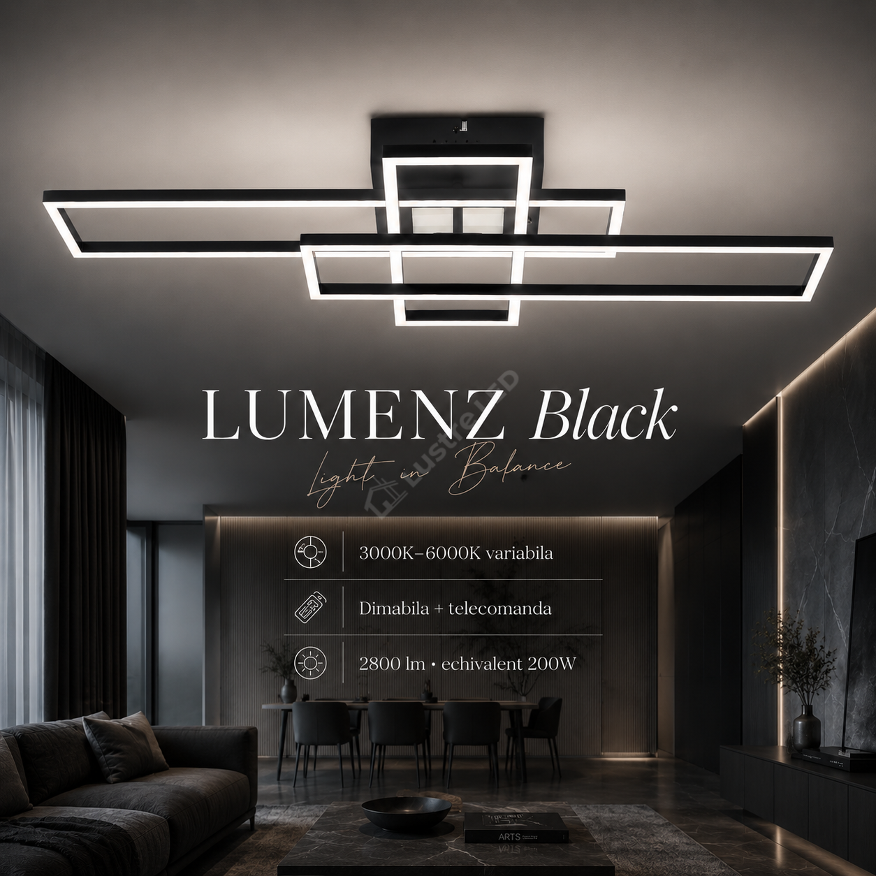 Lustra LED Aplicata LUMENZ Black Geometrica 94CM Telecomanda Echivalent 200W