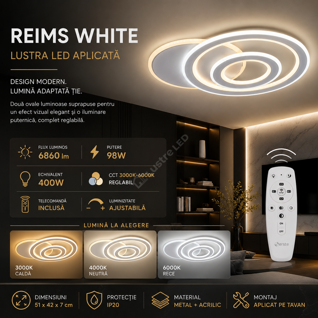 Lustra LED Aplicata REIMS White Echivalent 400W Telecomanda