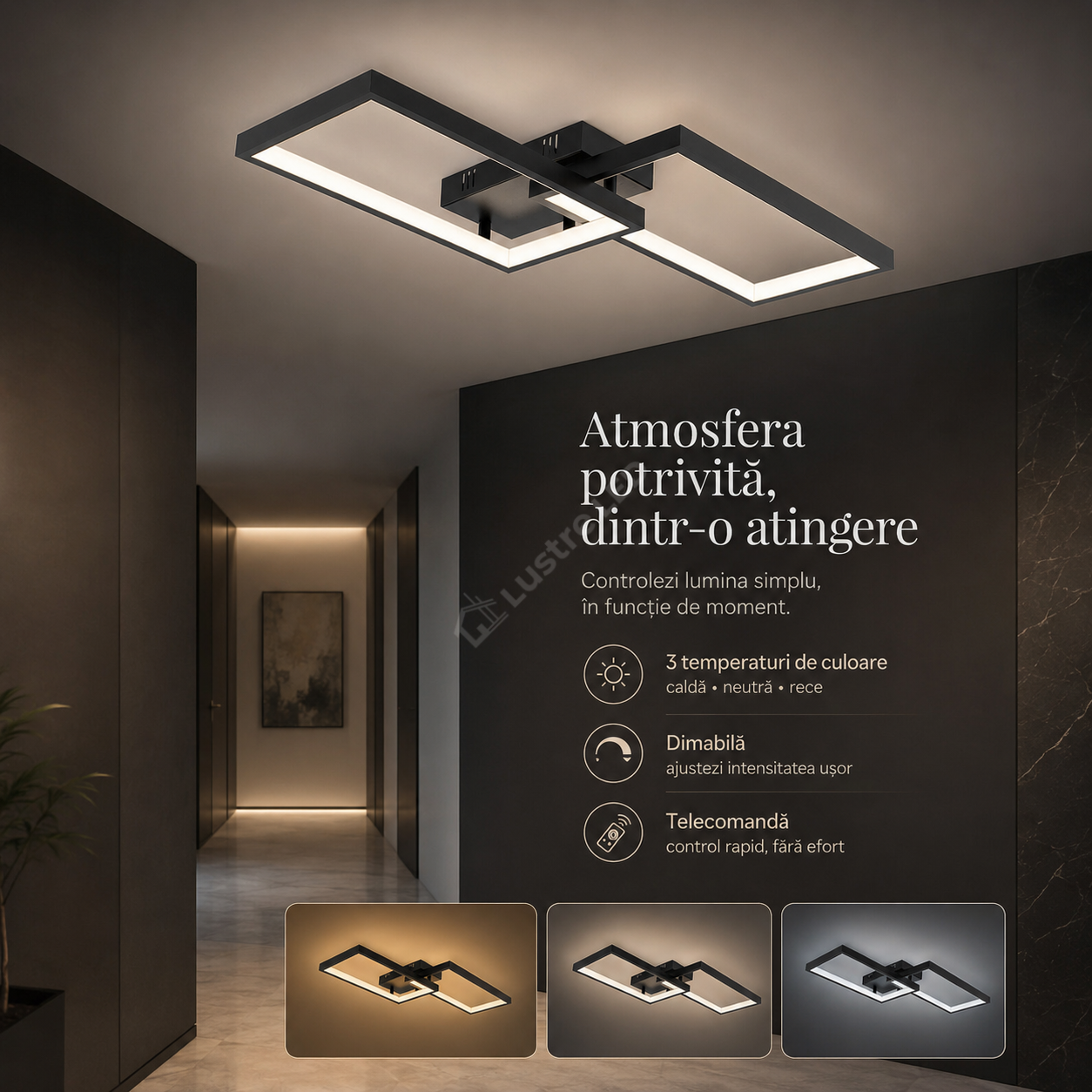Lustra LED Aplicata STRATI 2 Cadre Black 3CCT Telecomanda 60CM Echivalent 280W