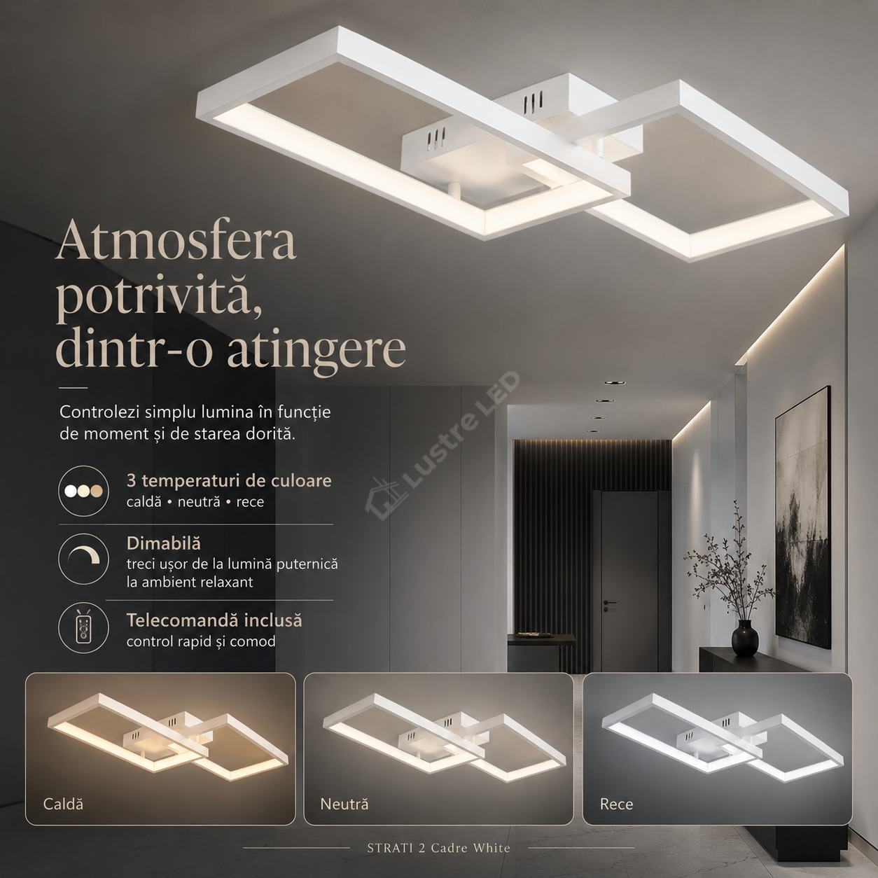 Lustra LED Aplicata STRATI 2 Cadre White 3CCT Telecomanda 60CM Echivalent 280W