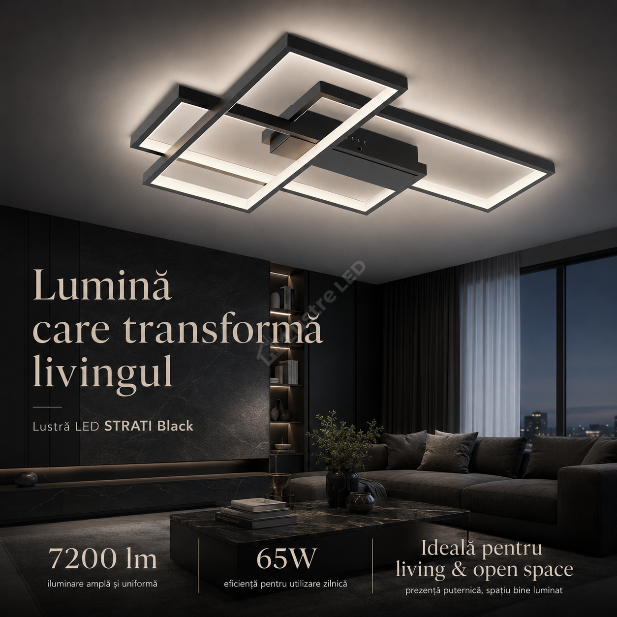 Lustra LED Aplicata STRATI Black 3CCT Telecomanda 65CM Echivalent 450W