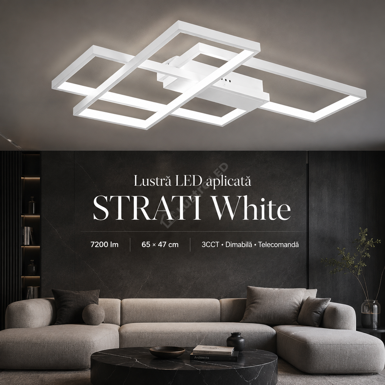 Lustra LED Aplicata STRATI White 3CCT Telecomanda 65CM Echivalent 450W