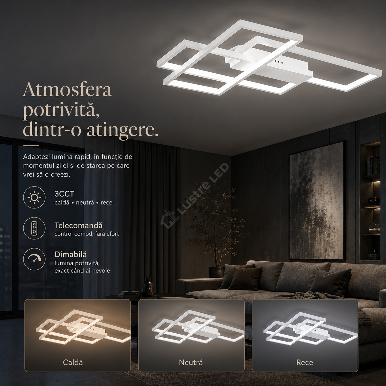 Lustra LED Aplicata STRATI White 3CCT Telecomanda 65CM Echivalent 450W