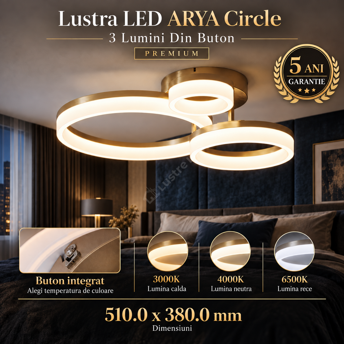 Lustra LED ARYA Gold Circle 3 Lumini Din Buton PREMIUM