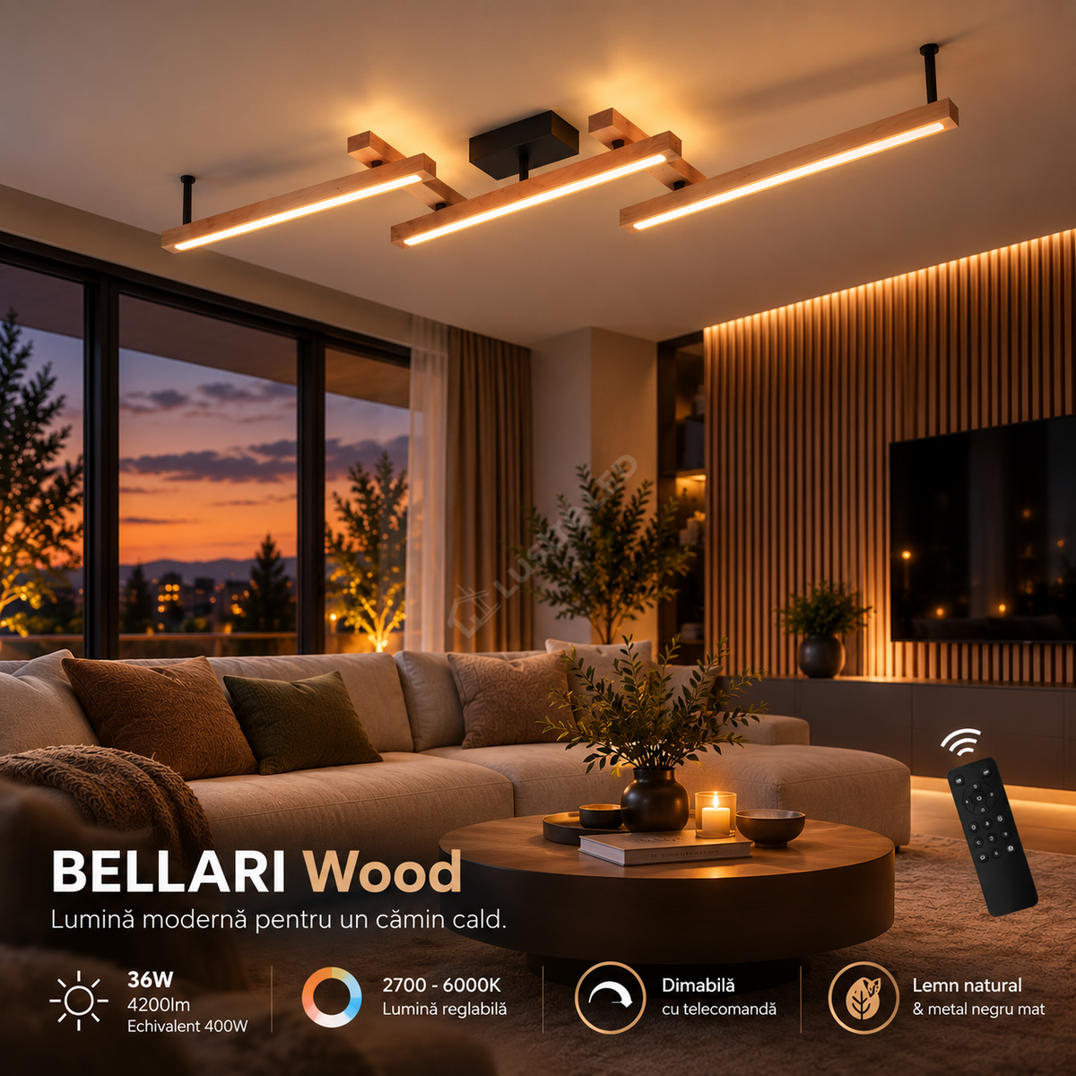 Lustra LED BELLARI Wood Reglabila Echivalent 400W Telecomanda