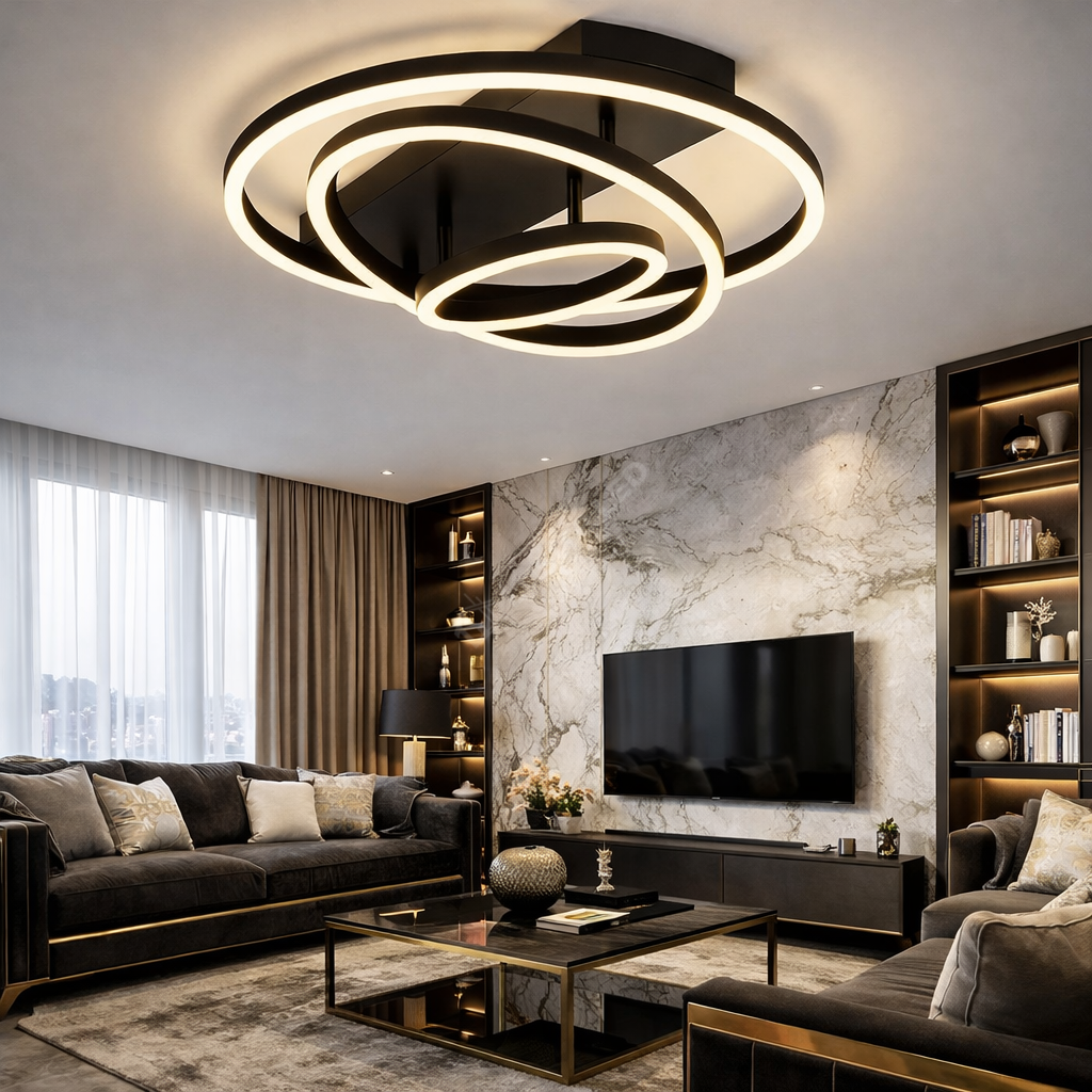 Lustra LED Black 3 Rings Reglabile Echivalent 800W Telecomanda
