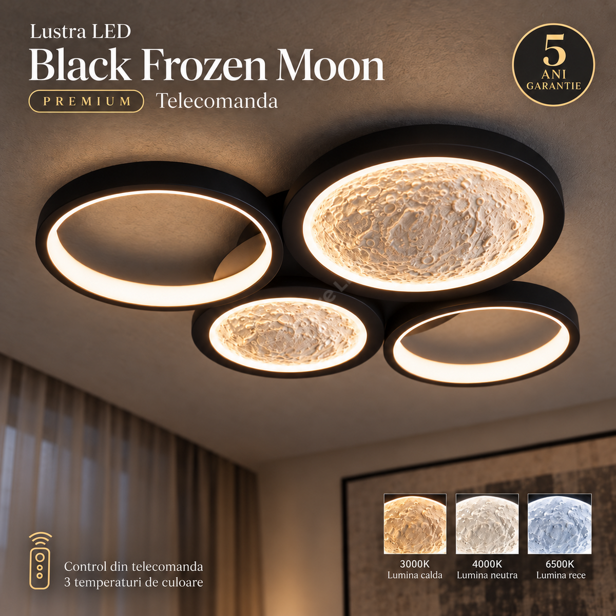 Lustra LED Black Frozen Moon PREMIUM Telecomanda